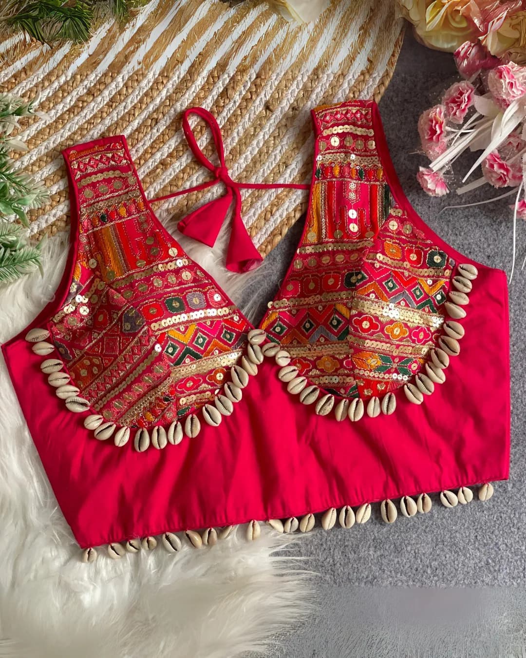 Roman Silk Blouse with 4-Sequins, Multi Thread Work & Hand Stitched Kodi Shells