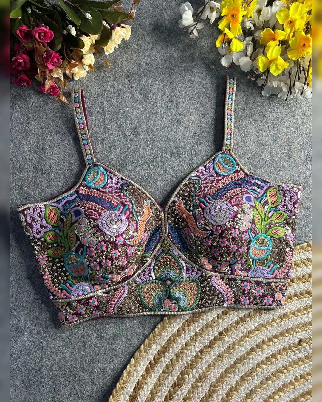 Fancy Sleeveless Heavy Embroidered Blouse in Premium Italian Silk alternate view