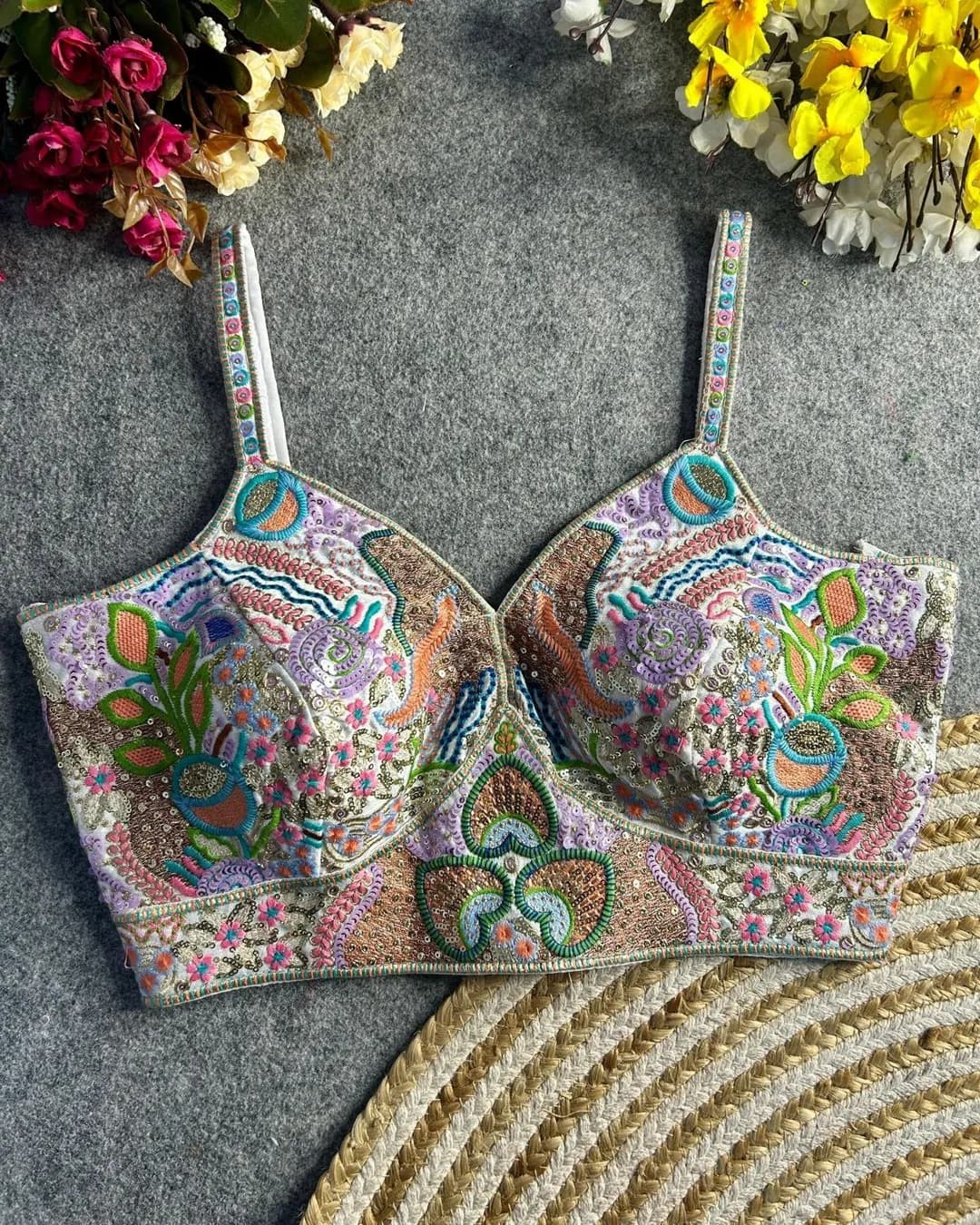 Fancy Sleeveless Heavy Embroidered Blouse in Premium Italian Silk