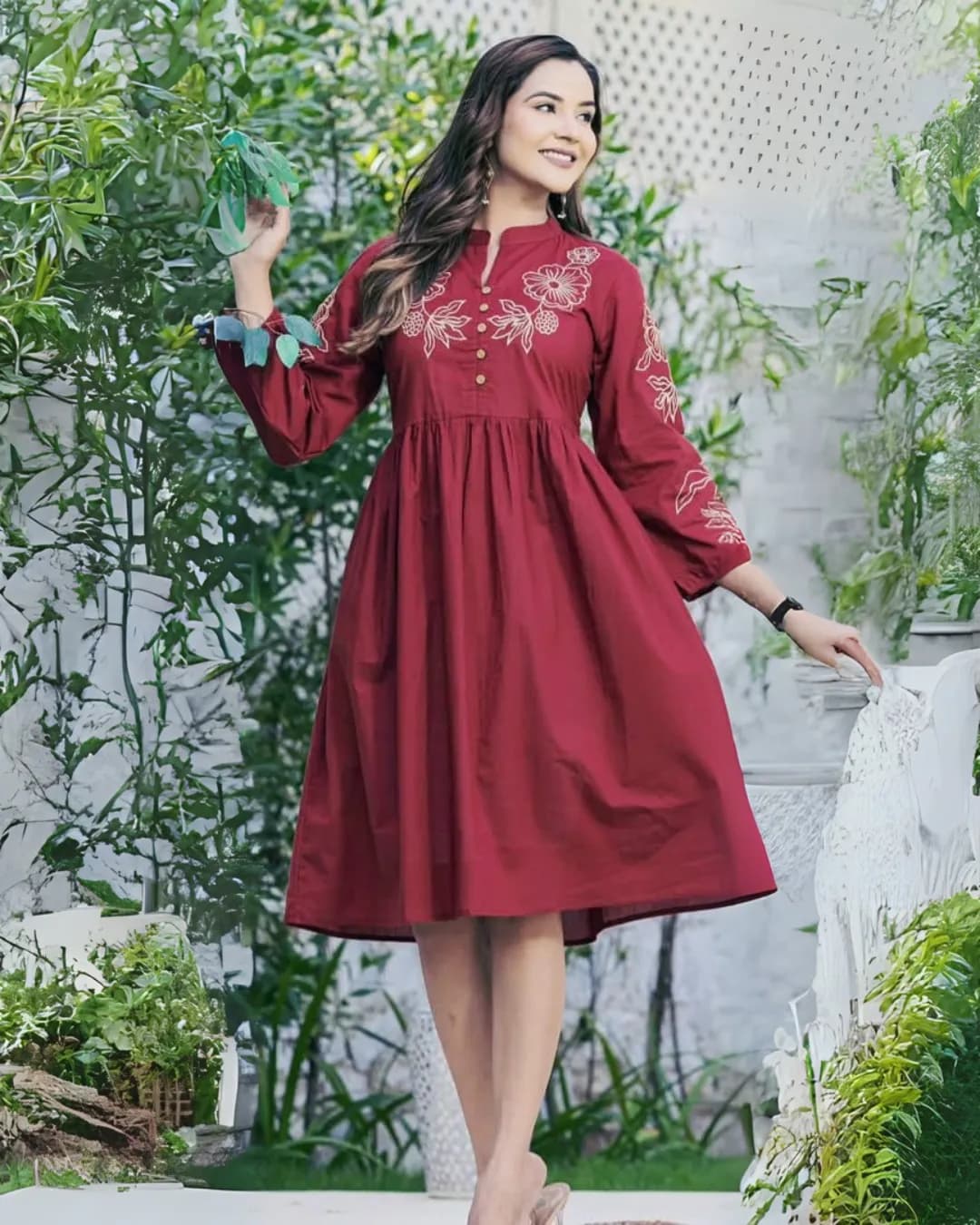 Cotton Exclusive High Neck Embroidery Midi Dress