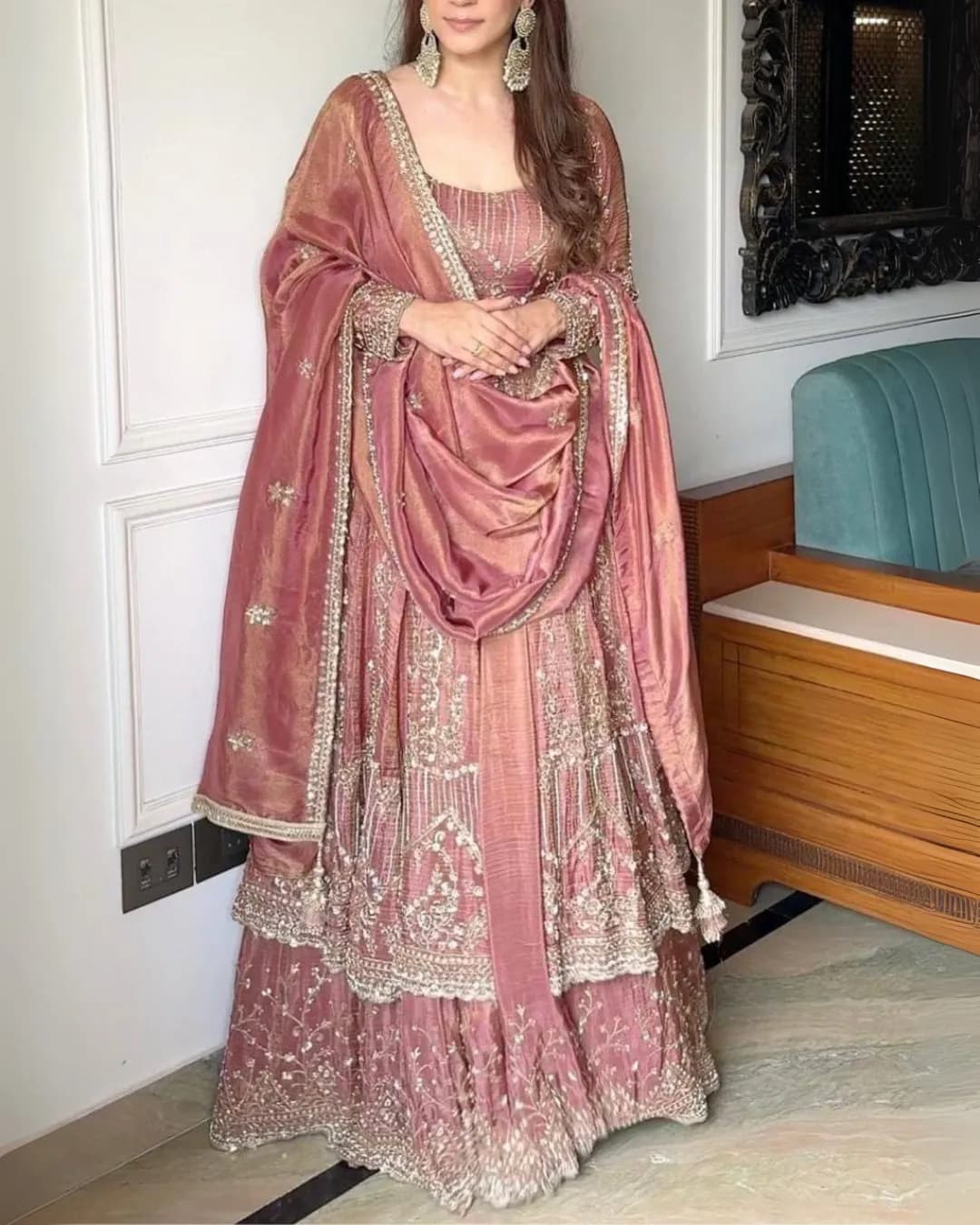 New Designer Party Wear Gown with Lehenga & Embroidered Dupatta