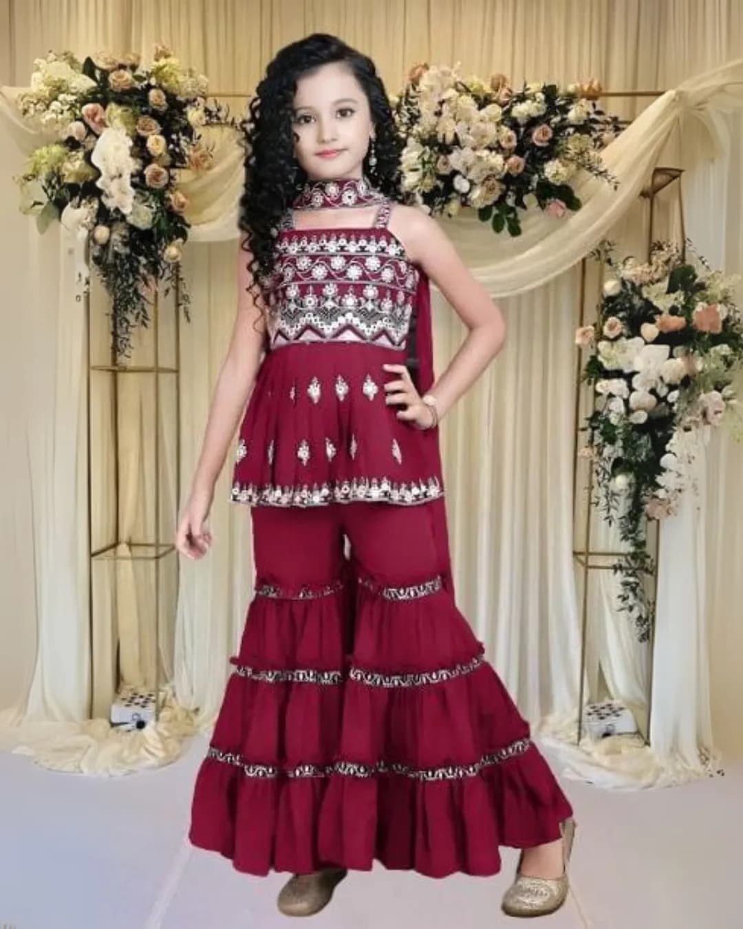 Girls Festive & Party Wear Embroidered Kurta Sharara with Dupatta Set