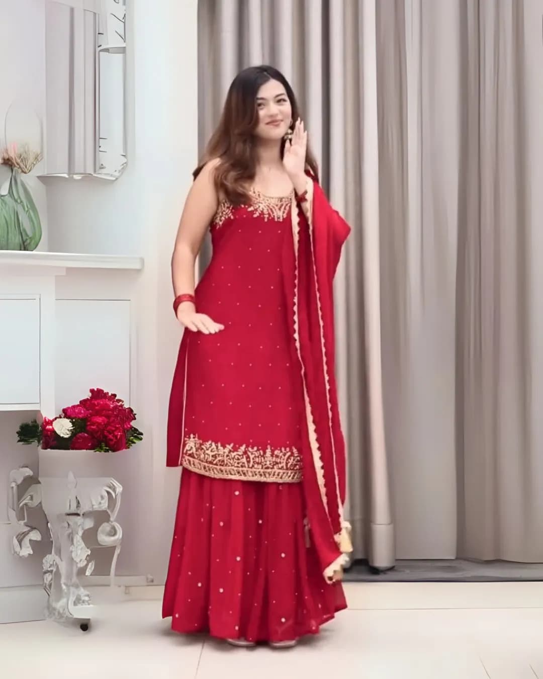 Designer Party Wear Heavy Faux Georgette Top, Plazzo & Dupatta Set with Beads & Mirror Handwork