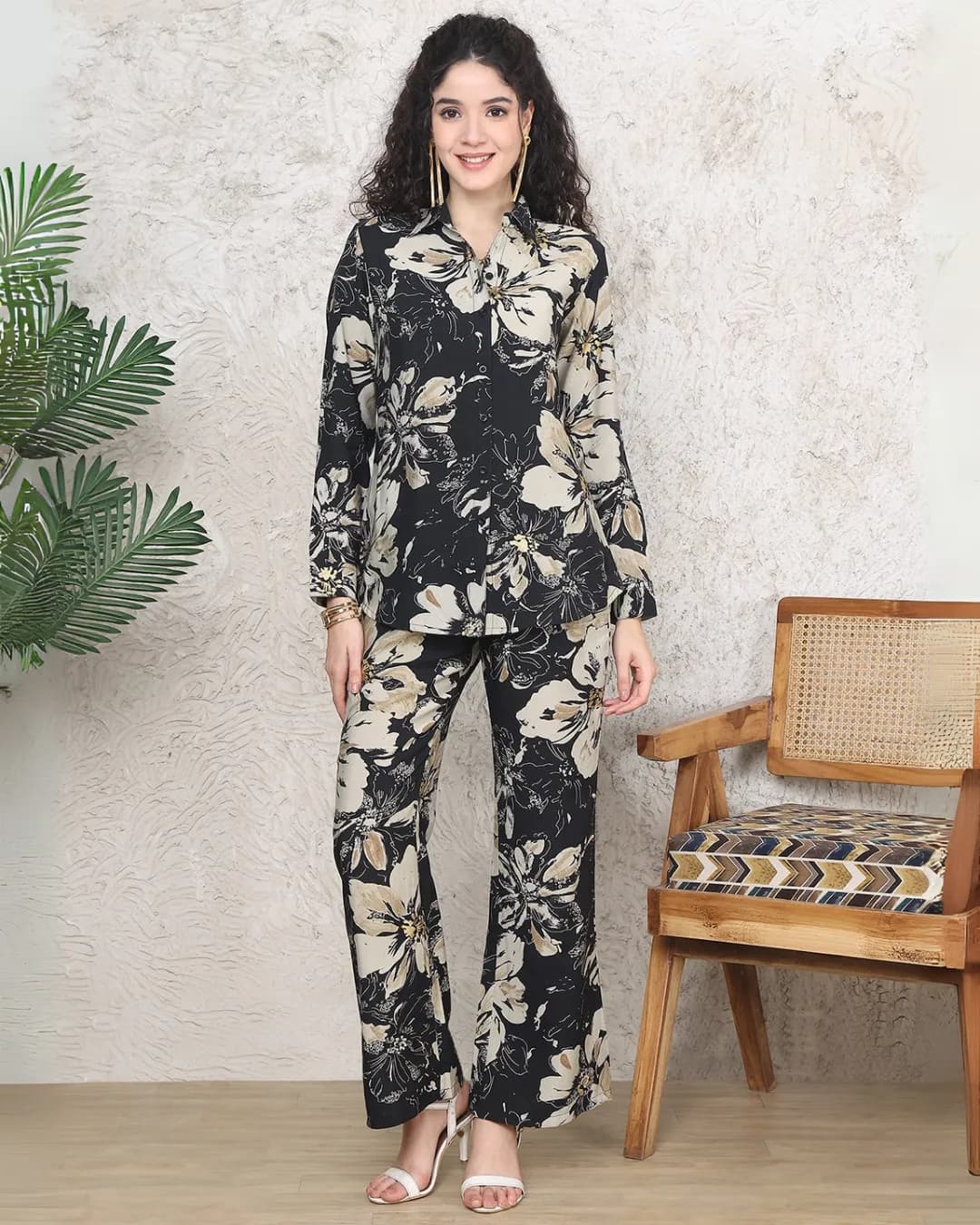 Black Floral Printed Premium Chanderi Co-ord Set for Women