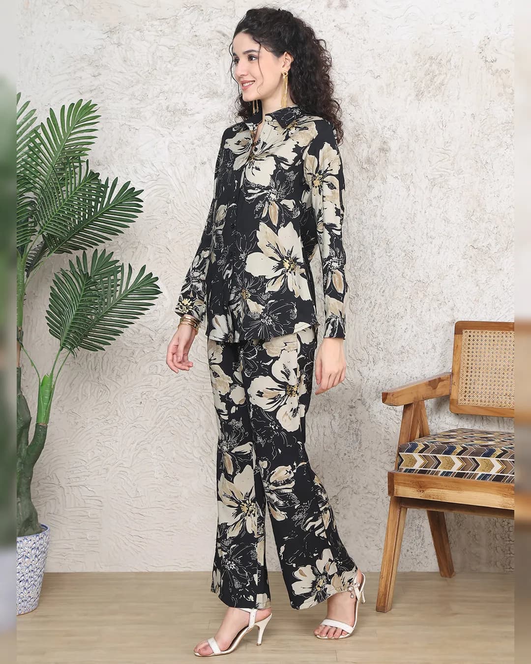 Black Floral Printed Premium Chanderi Co-ord Set for Women alternate view