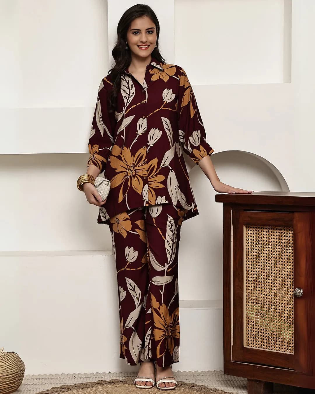 Maroon Floral Printed Premium Chanderi Co-ord Set