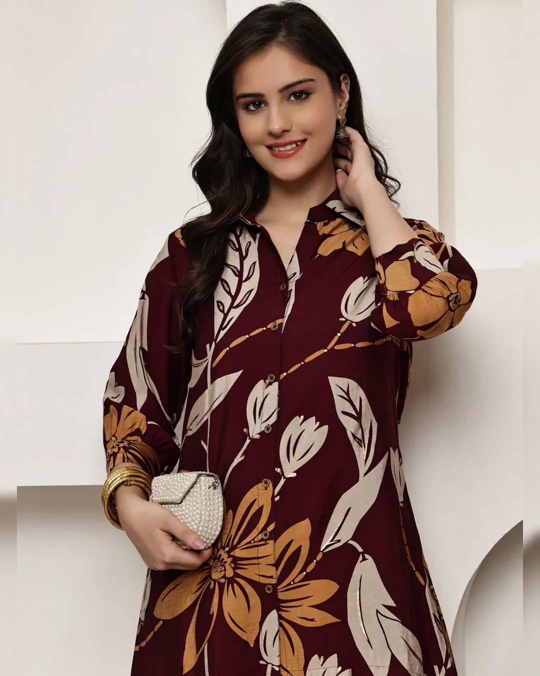 Maroon Floral Printed Premium Chanderi Co-ord Set alternate view