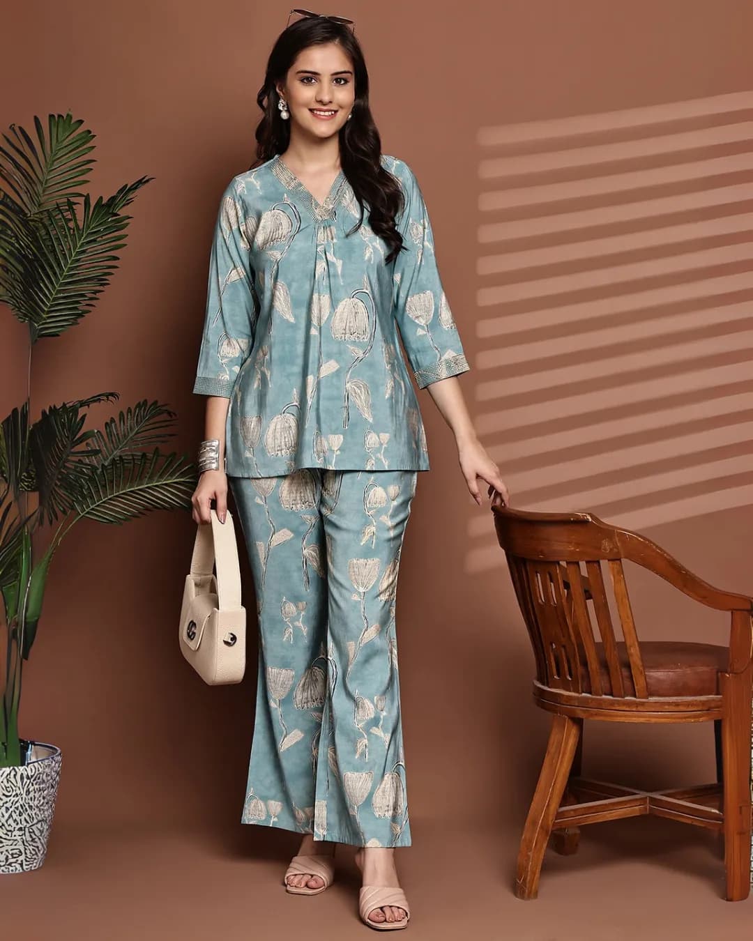 Blue Floral Printed Premium Chanderi Co-ord Set