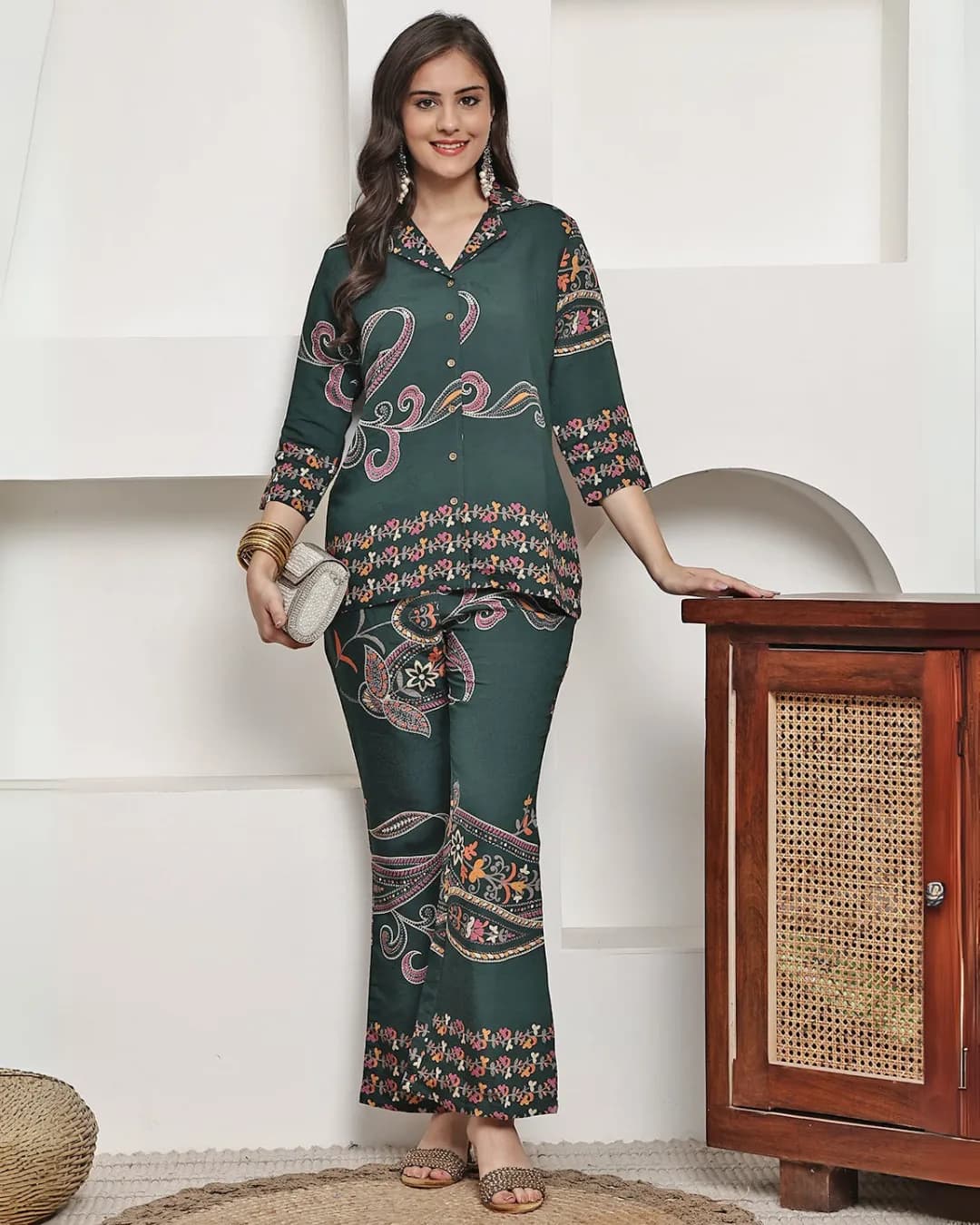 Green Abstract Printed Premium Chanderi Co-Ord Set