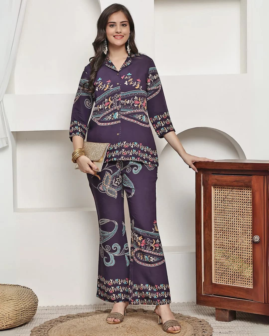 Purple Abstract Printed Premium Chanderi Co-Ord Set for Women