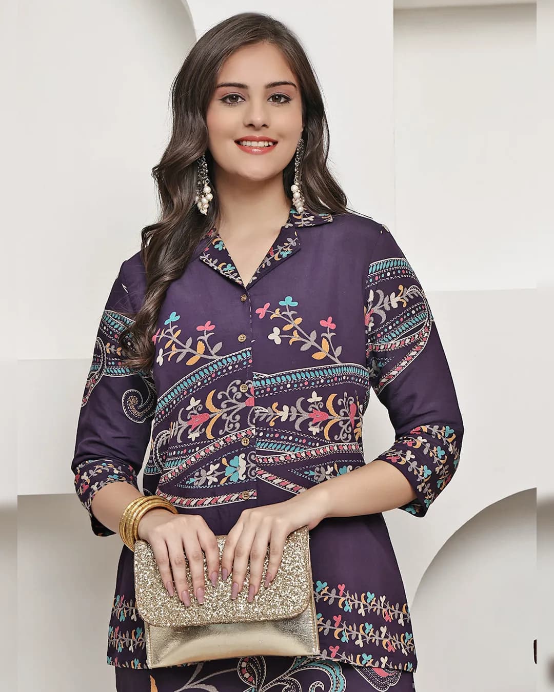 Purple Abstract Printed Premium Chanderi Co-Ord Set for Women alternate view