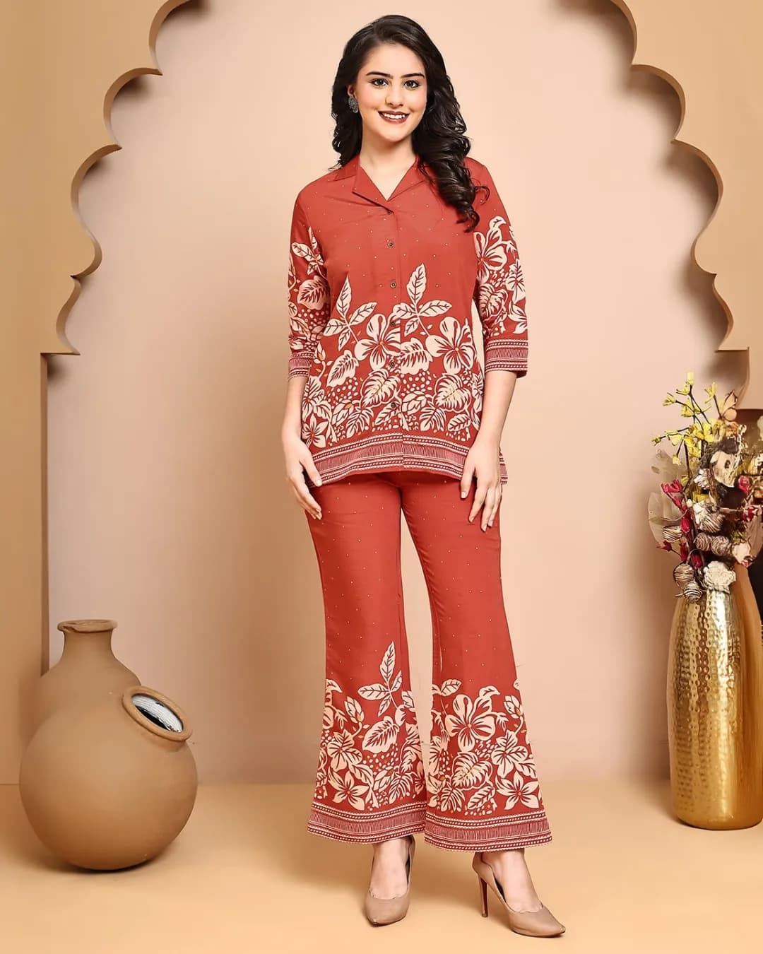 Orange Floral Printed Premium Chanderi Co-Ord Set