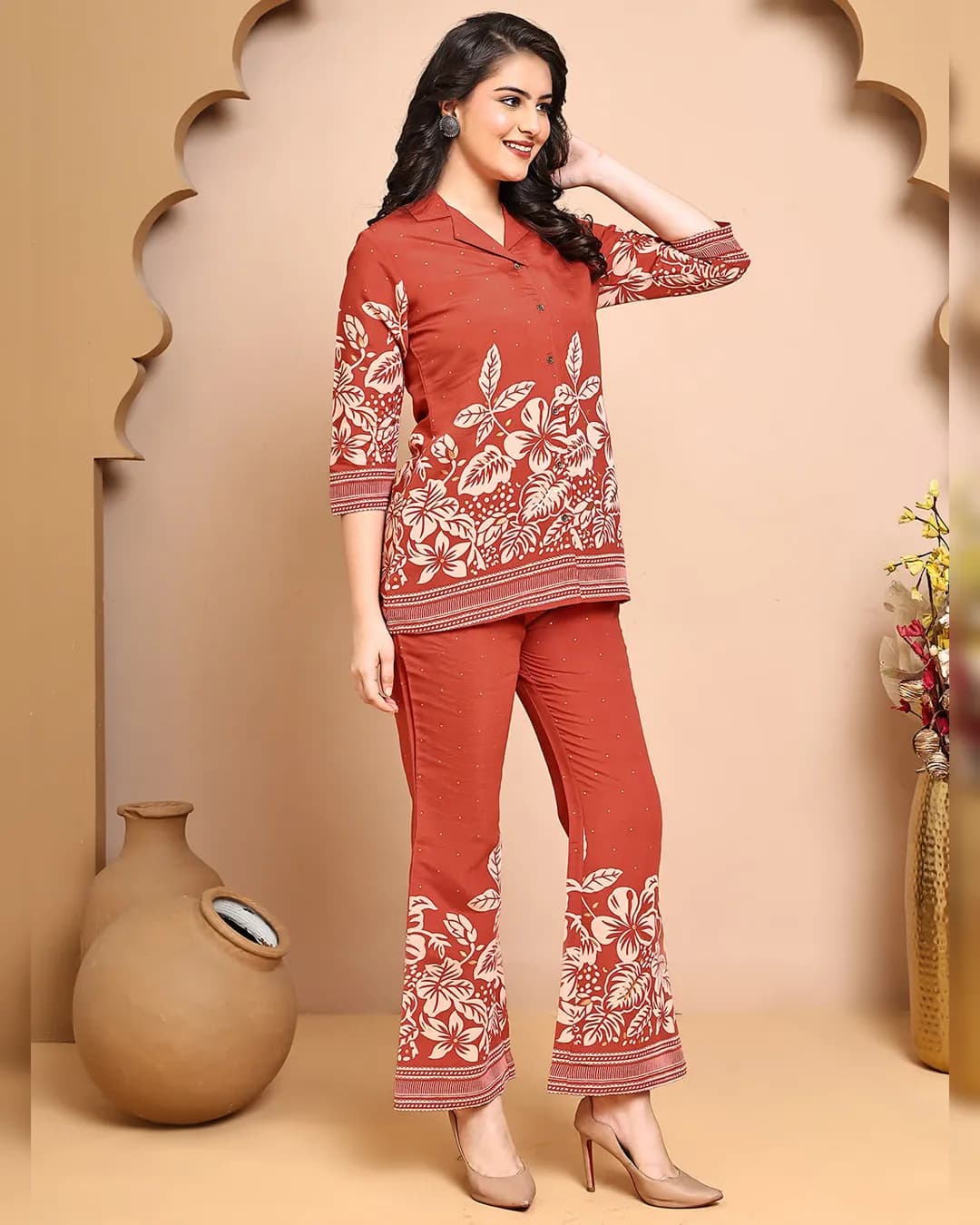 Orange Floral Printed Premium Chanderi Co-Ord Set alternate view