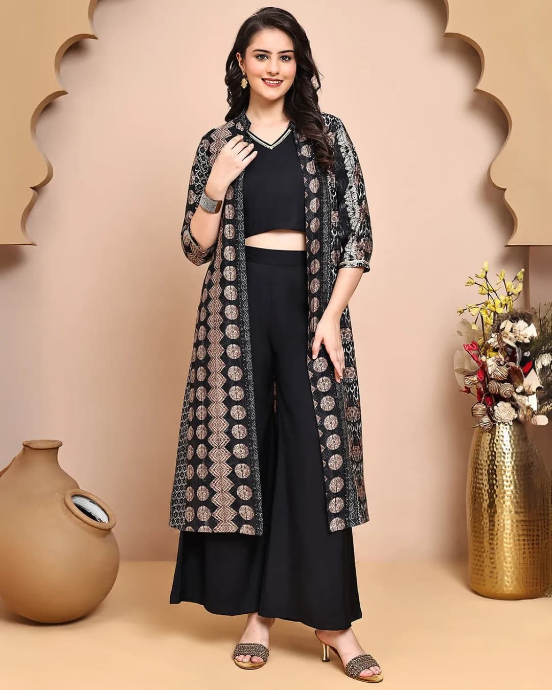 Black V-Neck Ethnic Printed Co-Ord Set with Palazzo & Jacket