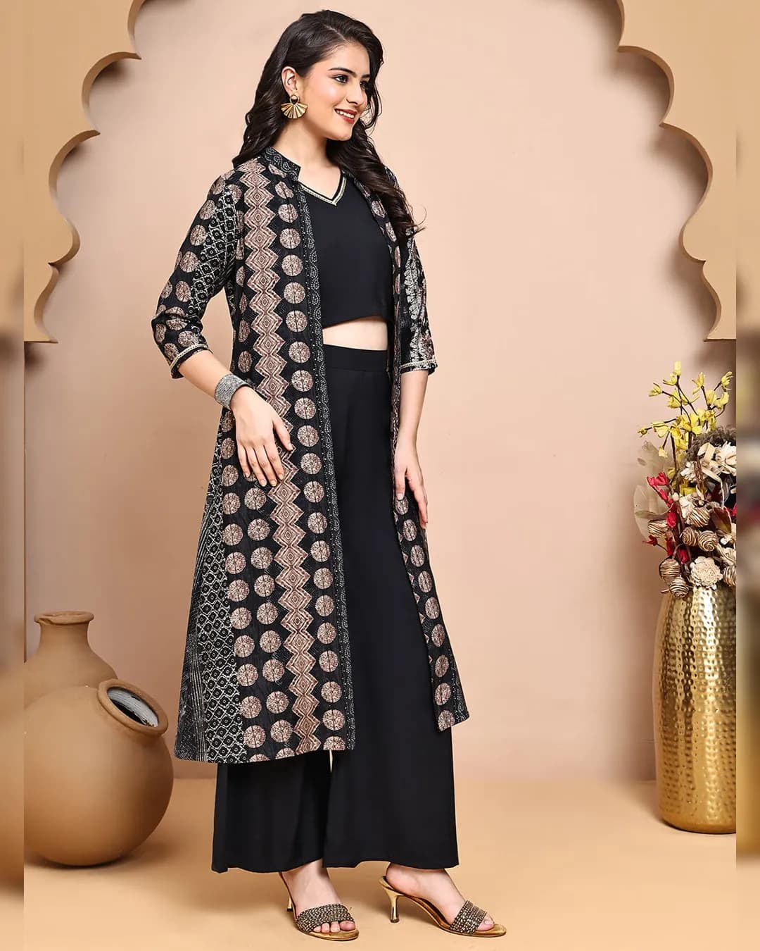 Black V-Neck Ethnic Printed Co-Ord Set with Palazzo & Jacket alternate view