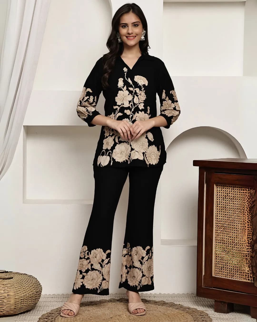 Black Floral Printed Viscose Rayon Co-Ord Set