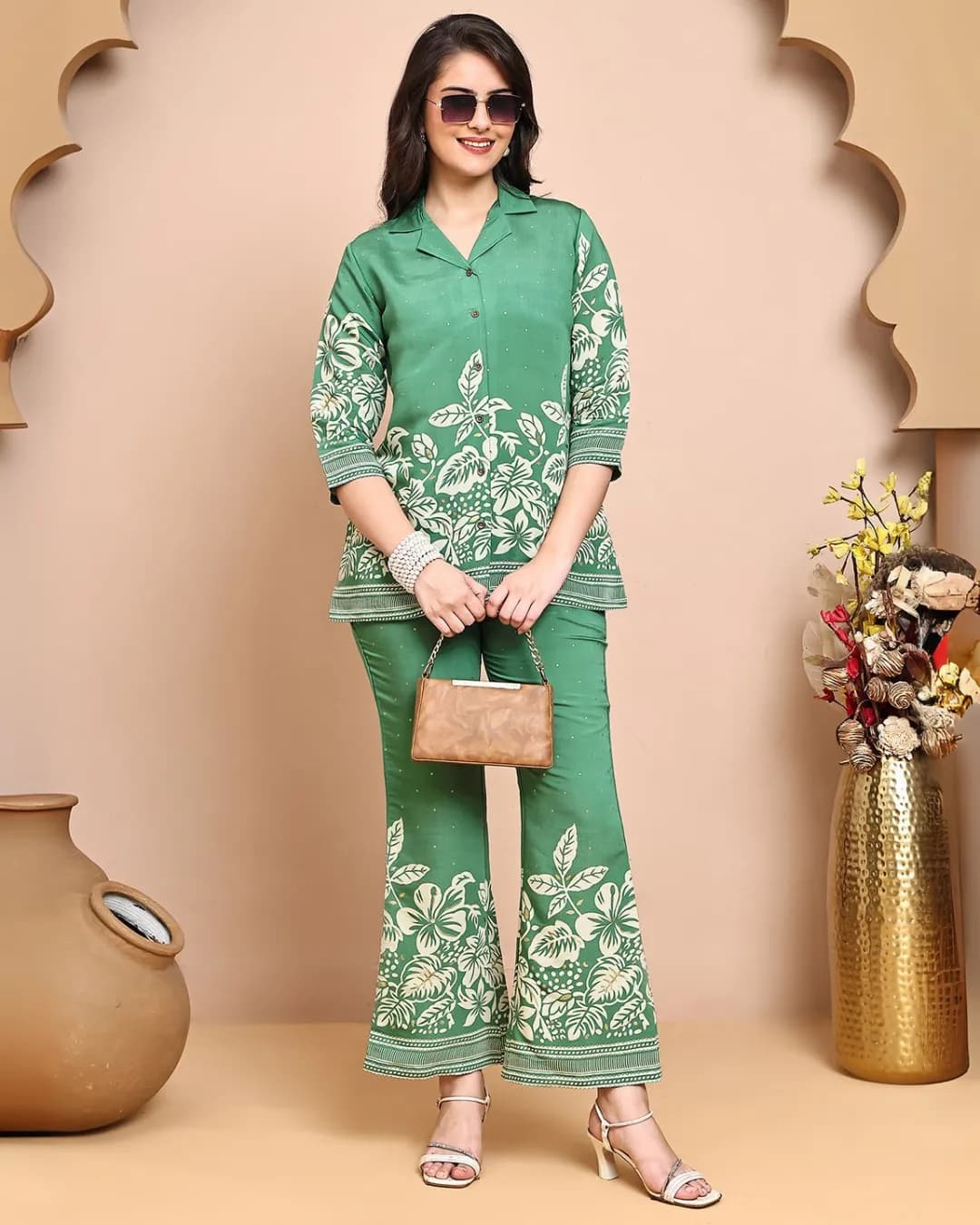 Green Floral Printed Premium Chanderi Co-Ord Set