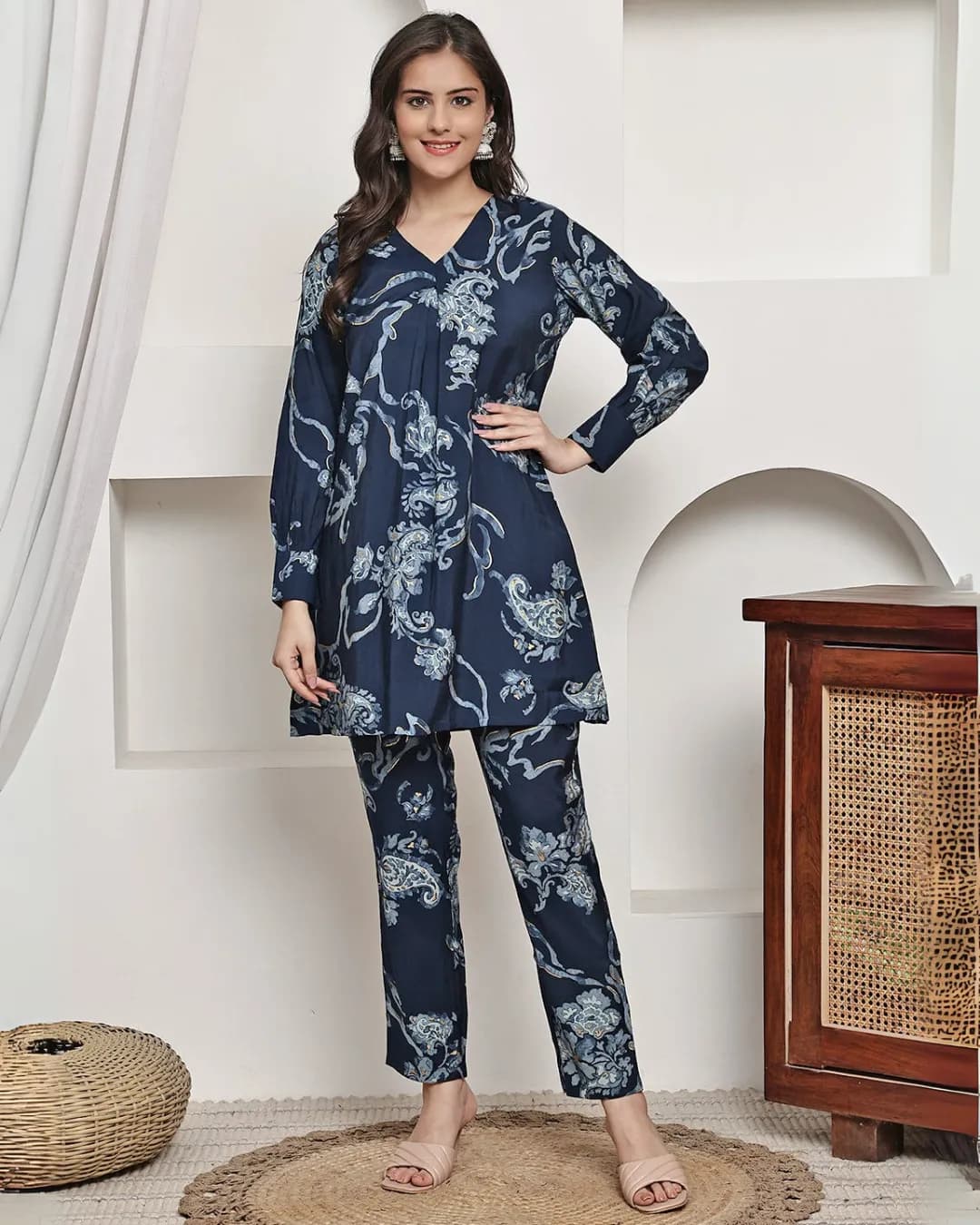 Navy Blue Floral Printed Premium Chanderi Co-Ord Set