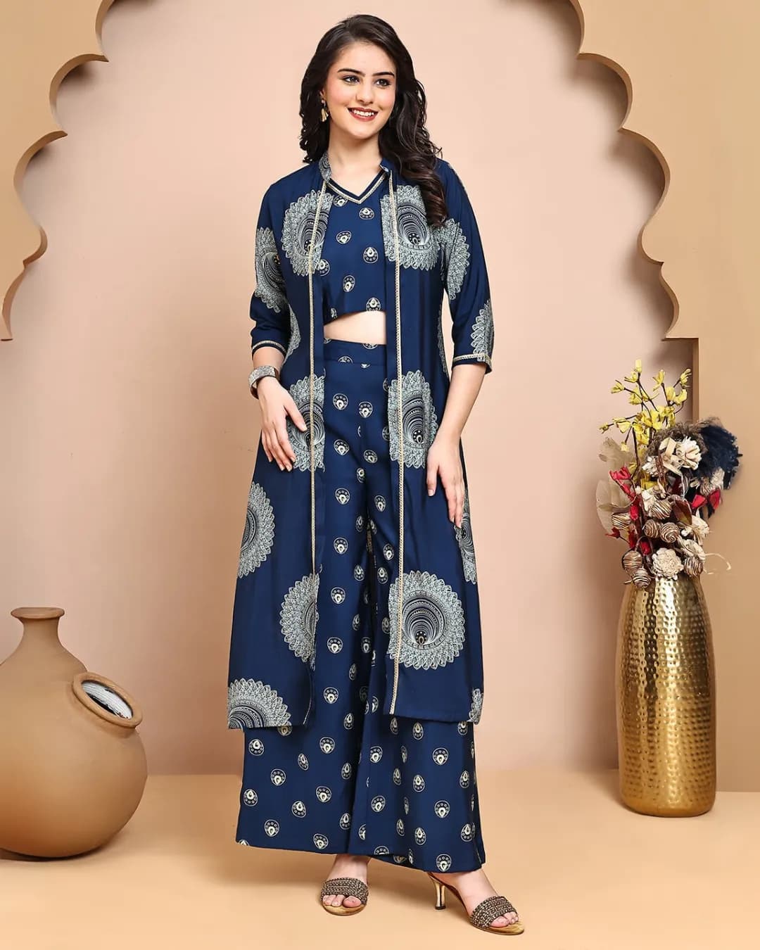 Blue V-Neck Ethnic Printed Co-Ord Set with Palazzo & Jacket