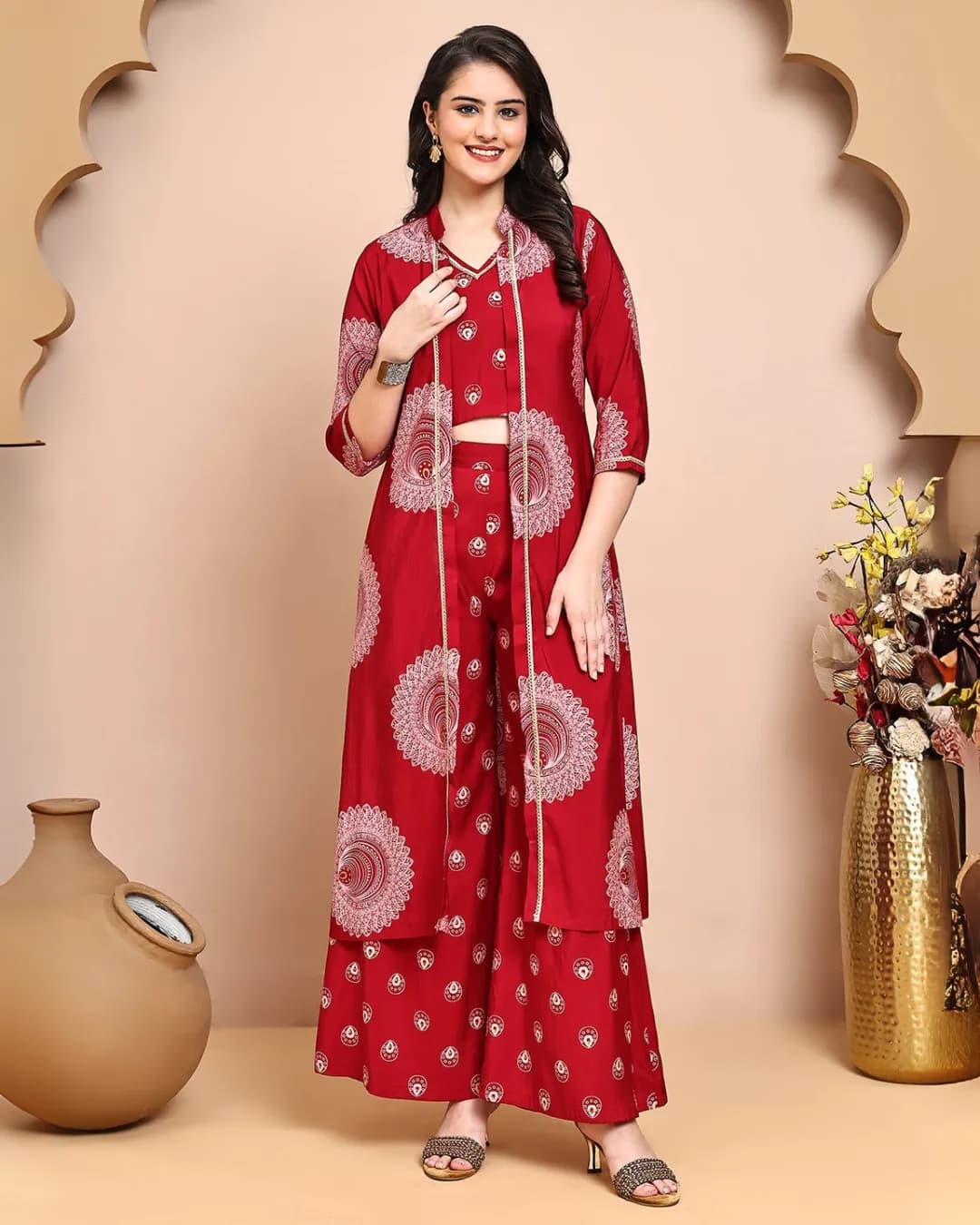 Red V-Neck Ethnic Printed Co-Ord Set with Palazzo & Jacket