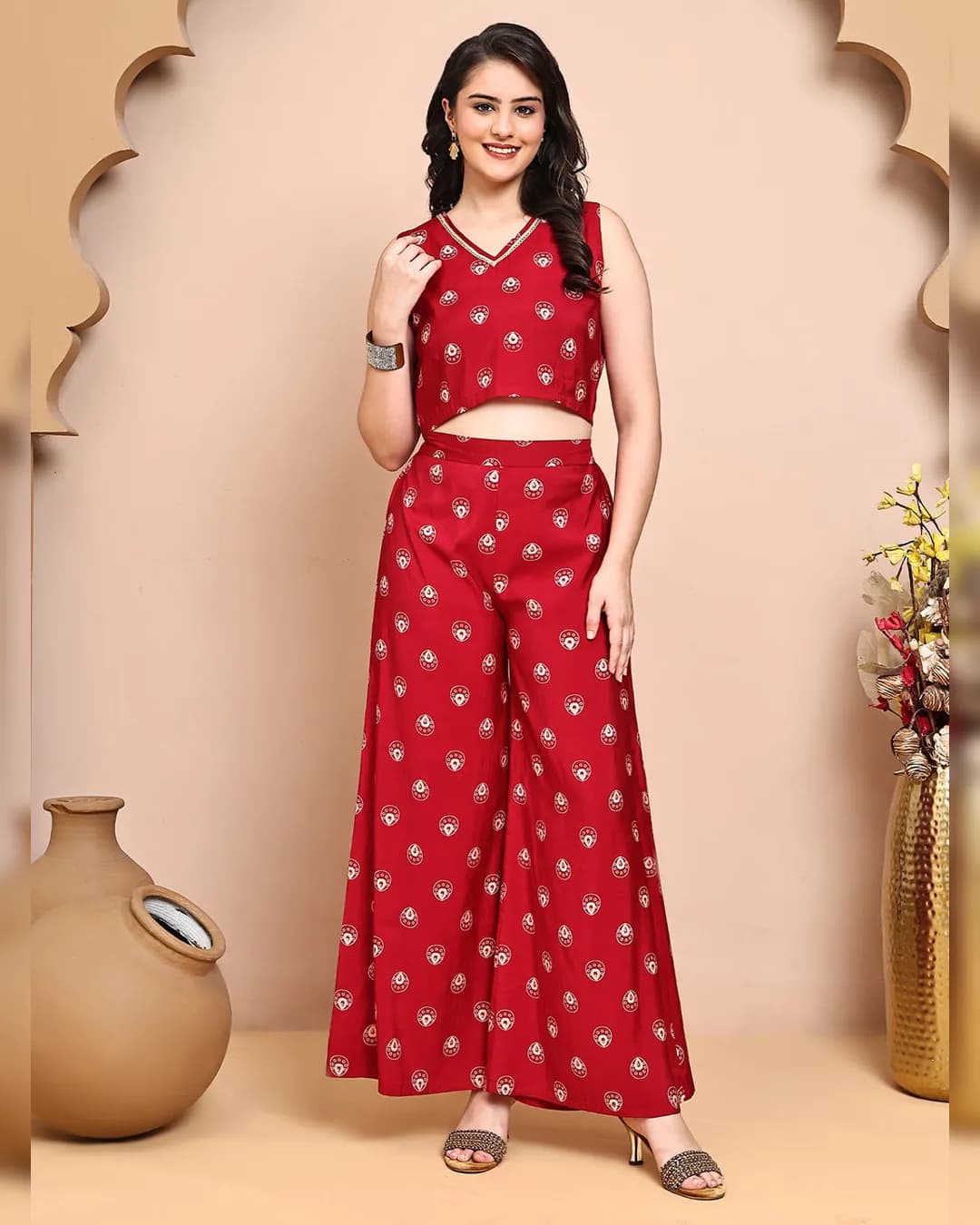 Red V-Neck Ethnic Printed Co-Ord Set with Palazzo & Jacket alternate view