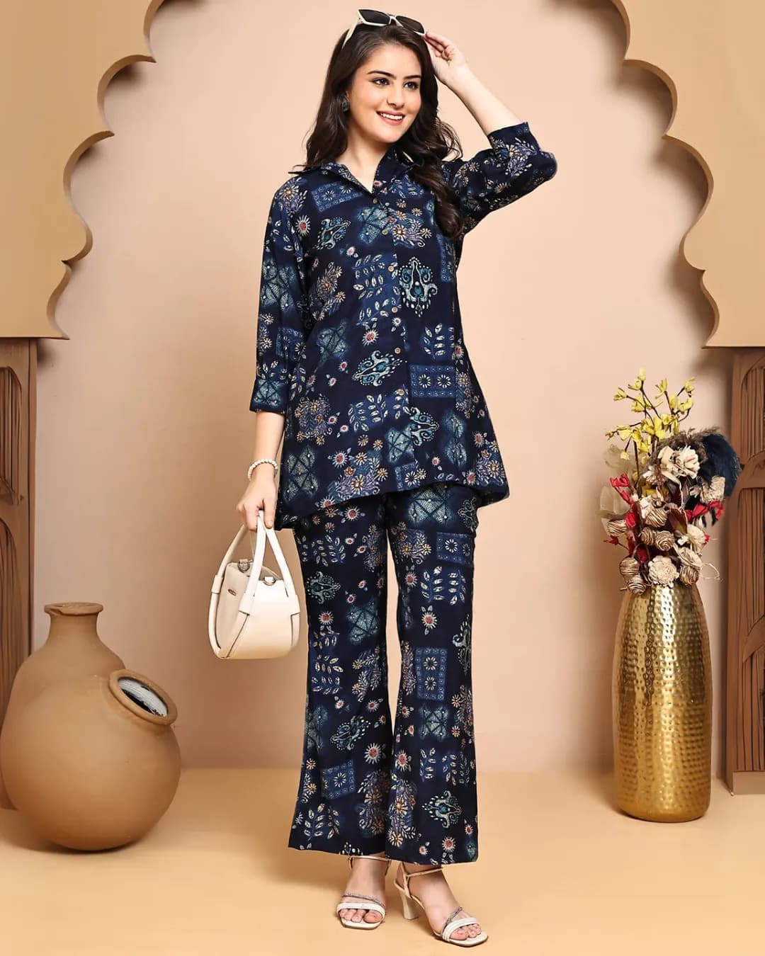 Blue Abstract Printed Shirt Collar Co-Ord Set for Women