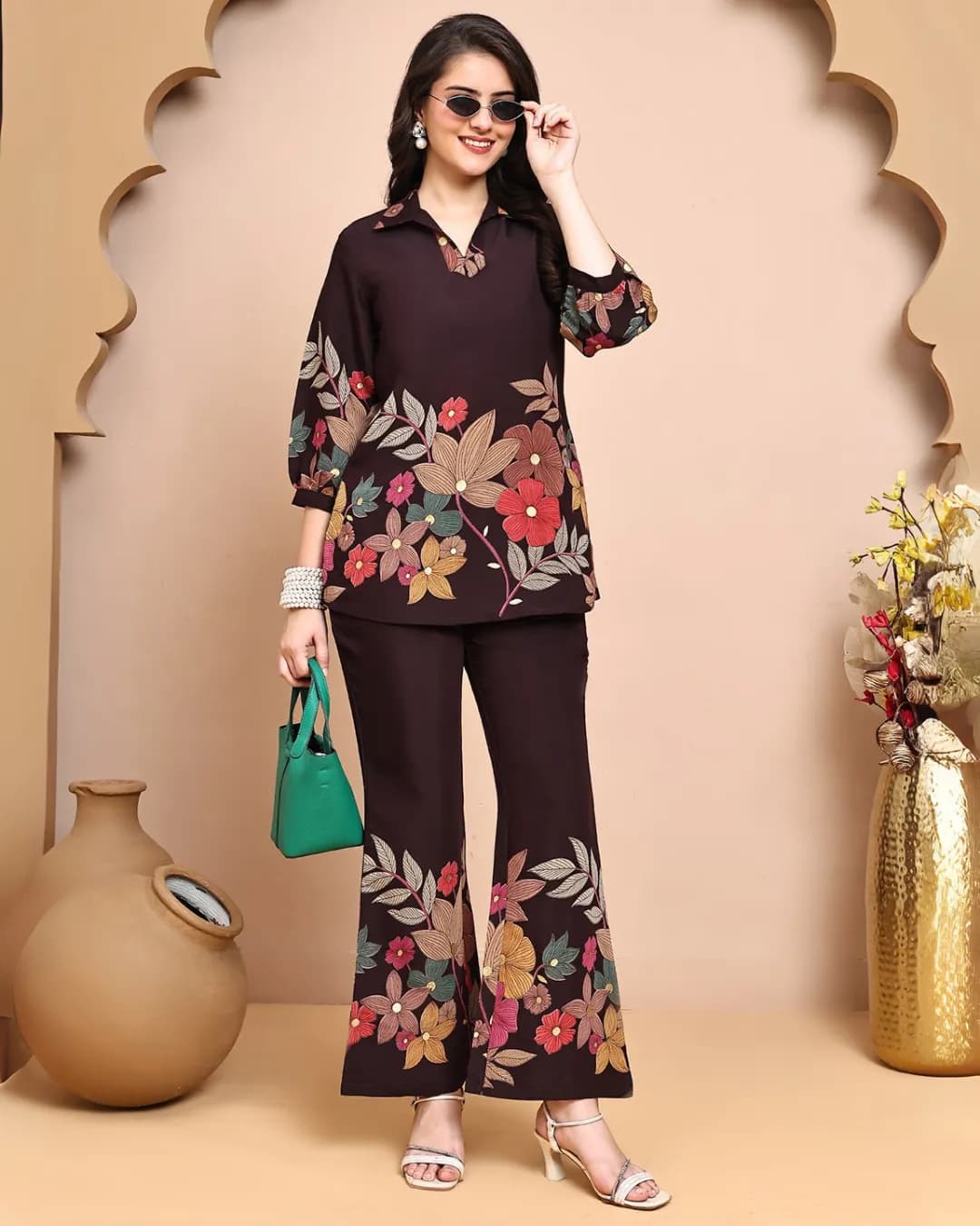 Coffee Brown Floral Printed Premium Chanderi Co-Ord Set