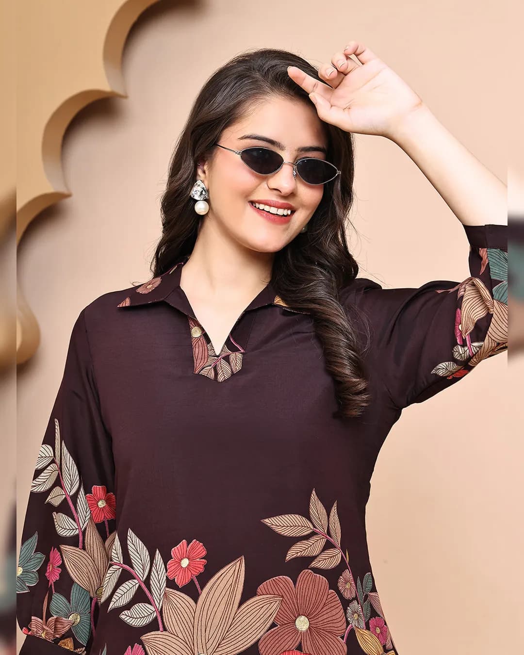 Coffee Brown Floral Printed Premium Chanderi Co-Ord Set alternate view