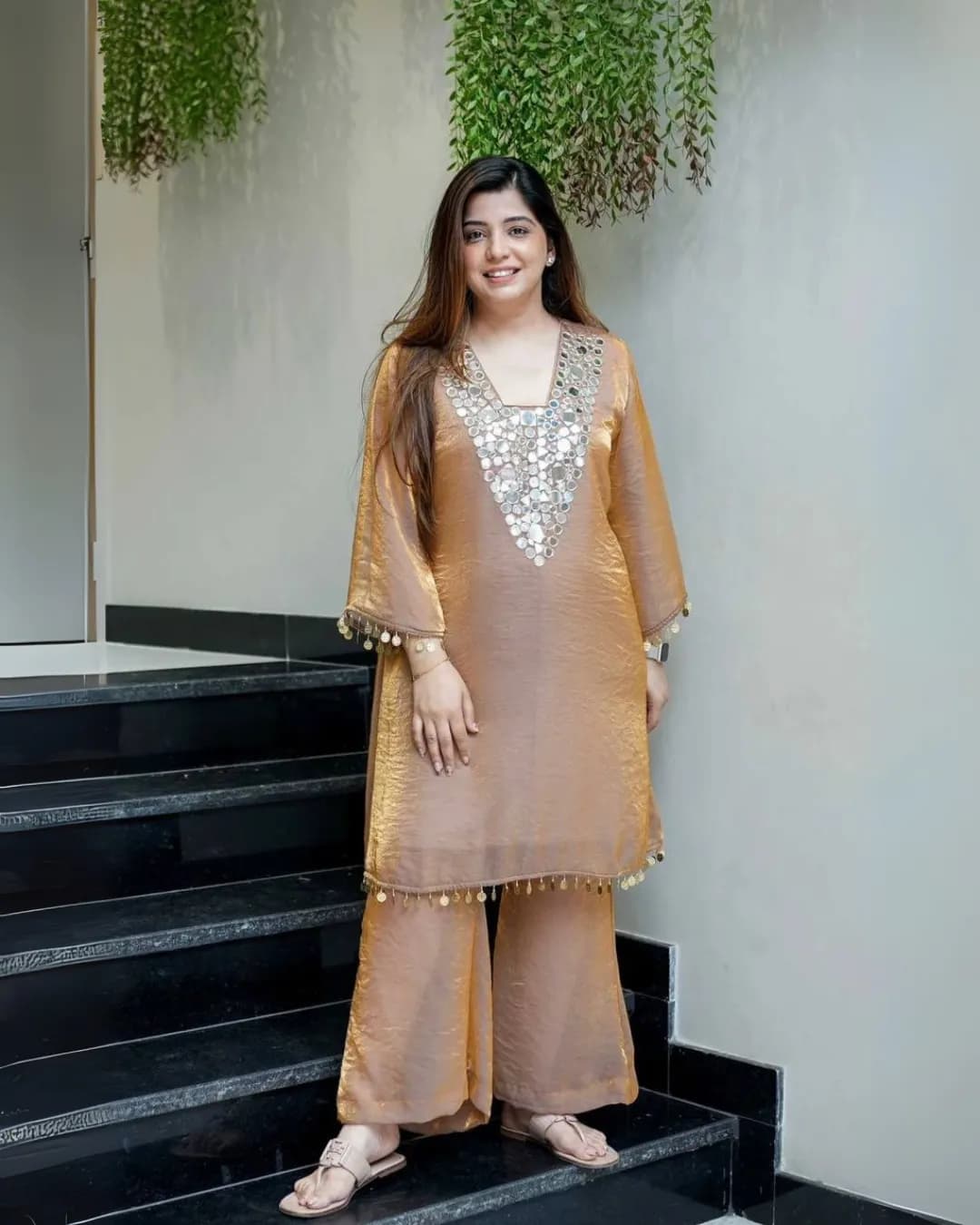 Designer Wear Fendy Silk Fabric Embroidered Top & Plazzo Set with Real Mirror Coin Lace