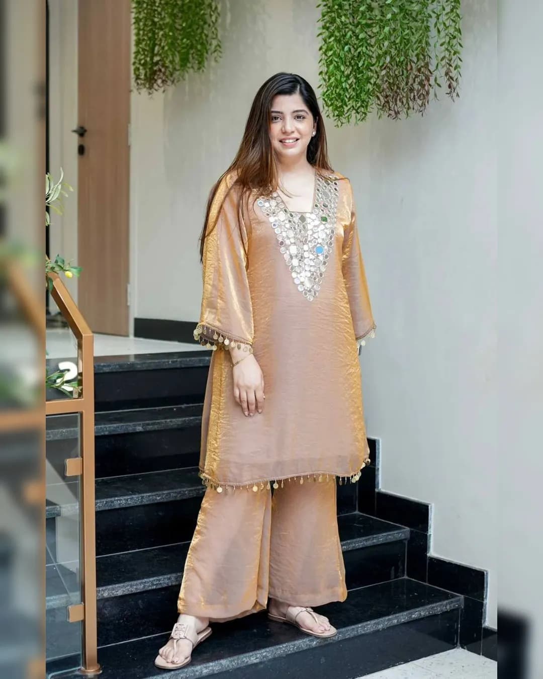 Designer Wear Fendy Silk Fabric Embroidered Top & Plazzo Set with Real Mirror Coin Lace alternate view