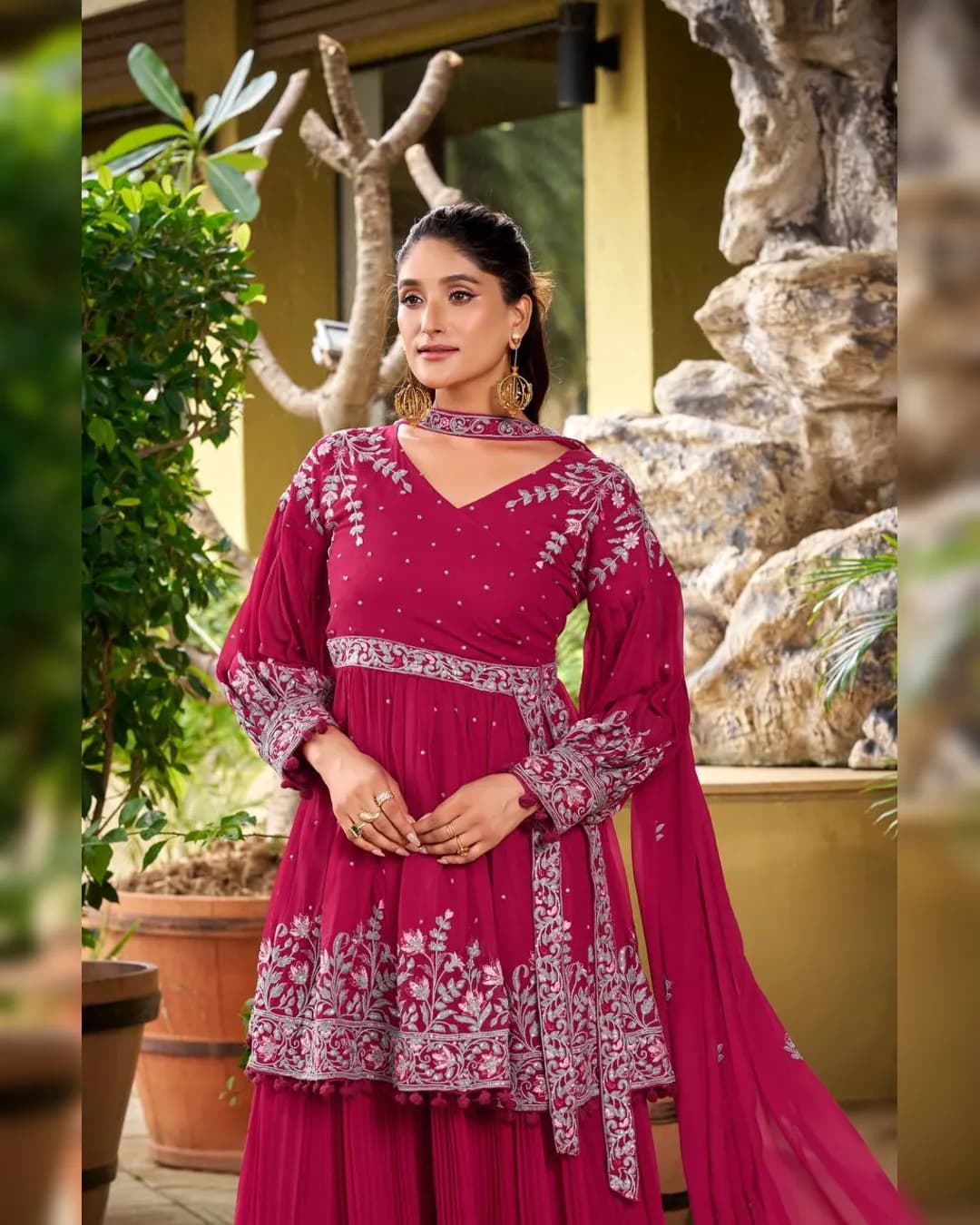 Wedding Special Embroidered Georgette Co-Ord Set with Puffy Sleeves & Crushed Plazzo alternate view