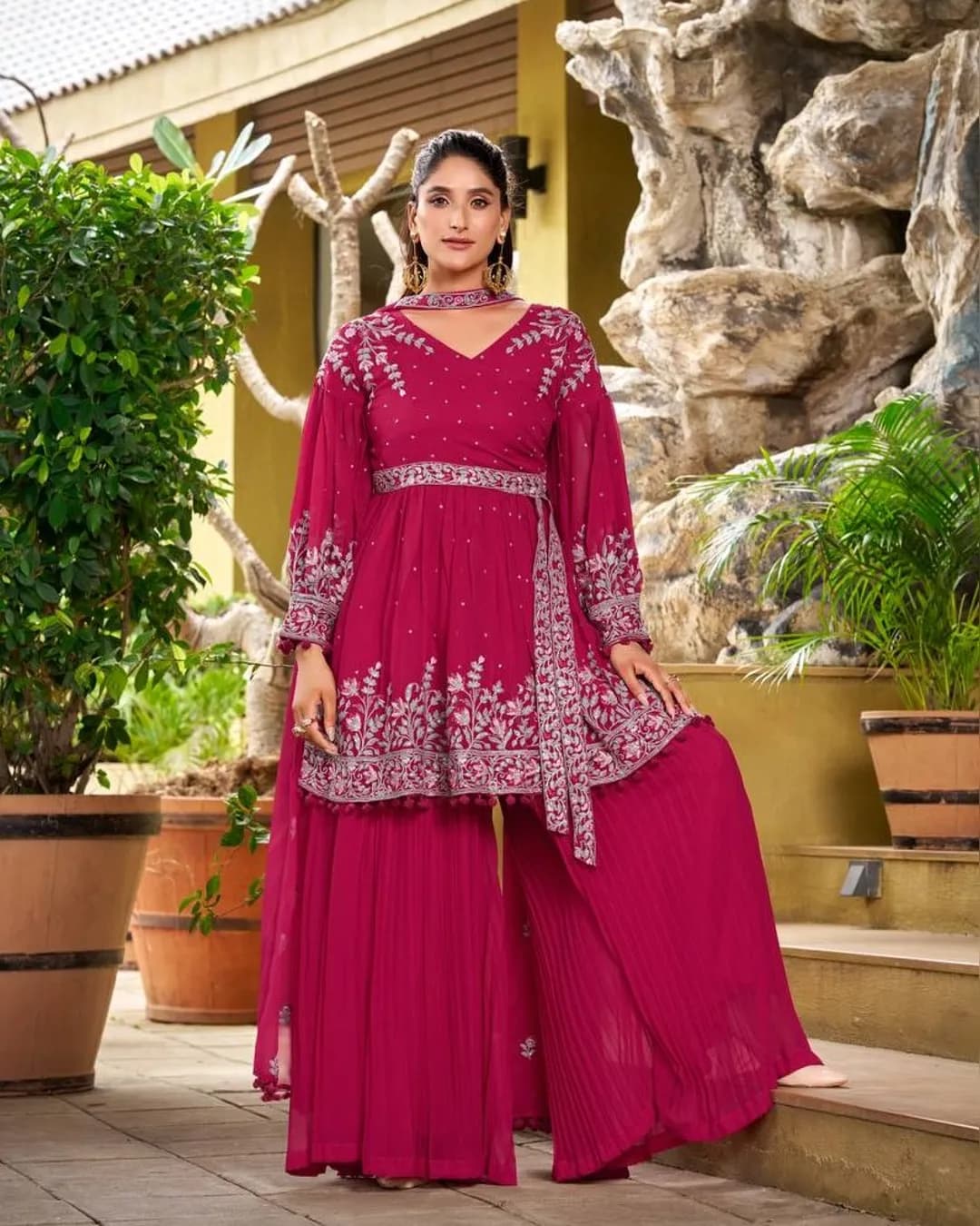 Wedding Special Embroidered Georgette Co-Ord Set with Puffy Sleeves & Crushed Plazzo