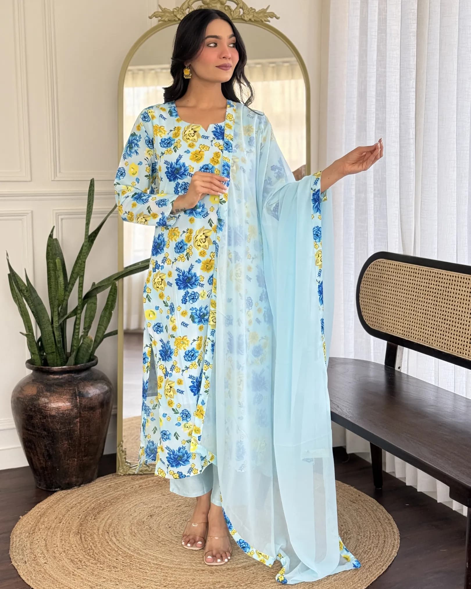 Elegant Printed Georgette Kurta with Chanderi Silk Pant & Dupatta Set