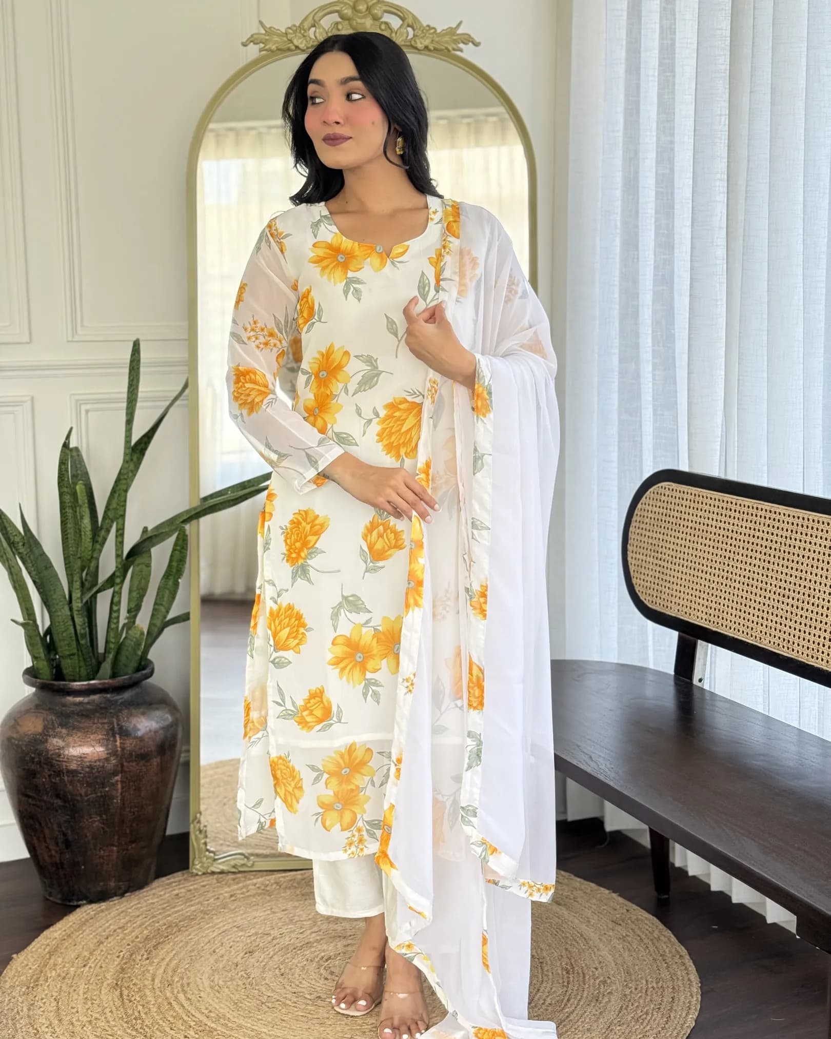 Elegant Printed Georgette Kurta with Chanderi Silk Pant & Dupatta Set