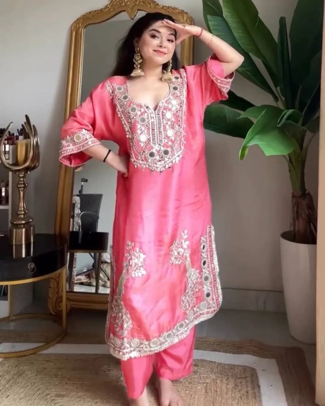 Designer Party Wear & Festival Look Roman Silk Top-Plazzo Set with 9mm Sequin & Mirror Work