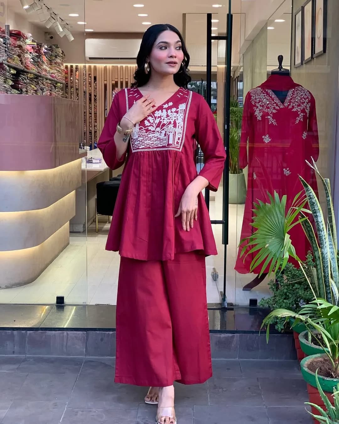 Premium Rayon Top & Plazo Co-ord Set with Heavy Embroidery Yoke