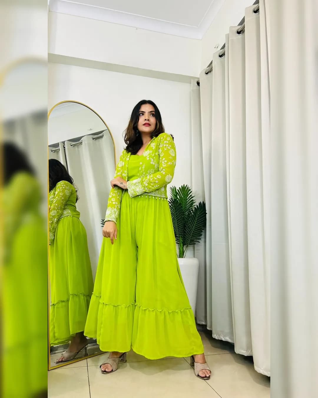 Lime Green Handcrafted Faux Georgette Jacket Jumpsuit with Zari & Hand Embroidery alternate view