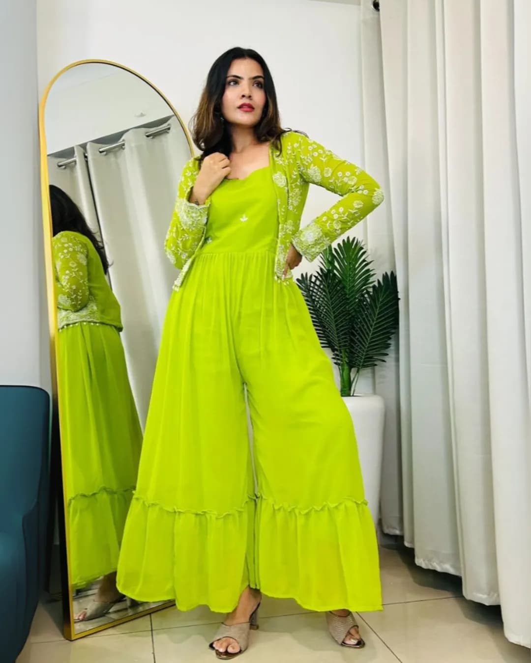 Lime Green Handcrafted Faux Georgette Jacket Jumpsuit with Zari & Hand Embroidery
