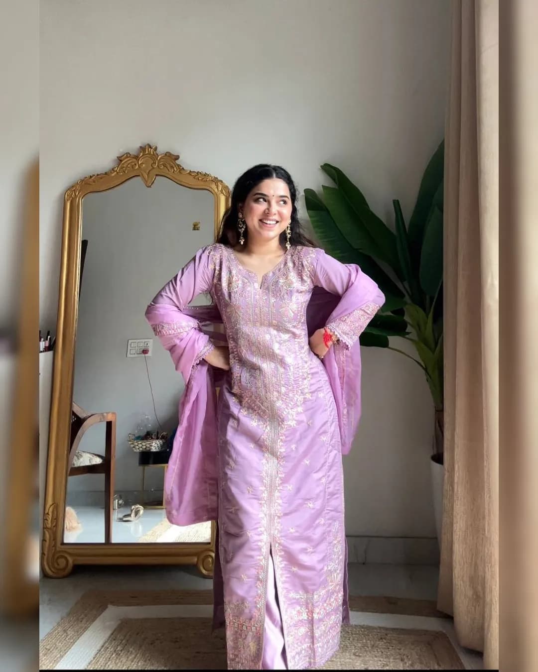 Wedding Special Roman Silk Kurti with Sequence Embroidery, Plazzo & Soft Organza Dupatta alternate view