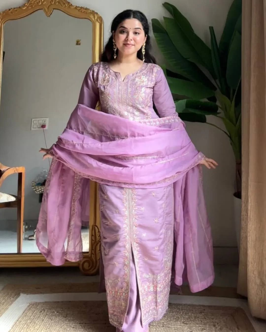 Wedding Special Roman Silk Kurti with Sequence Embroidery, Plazzo & Soft Organza Dupatta