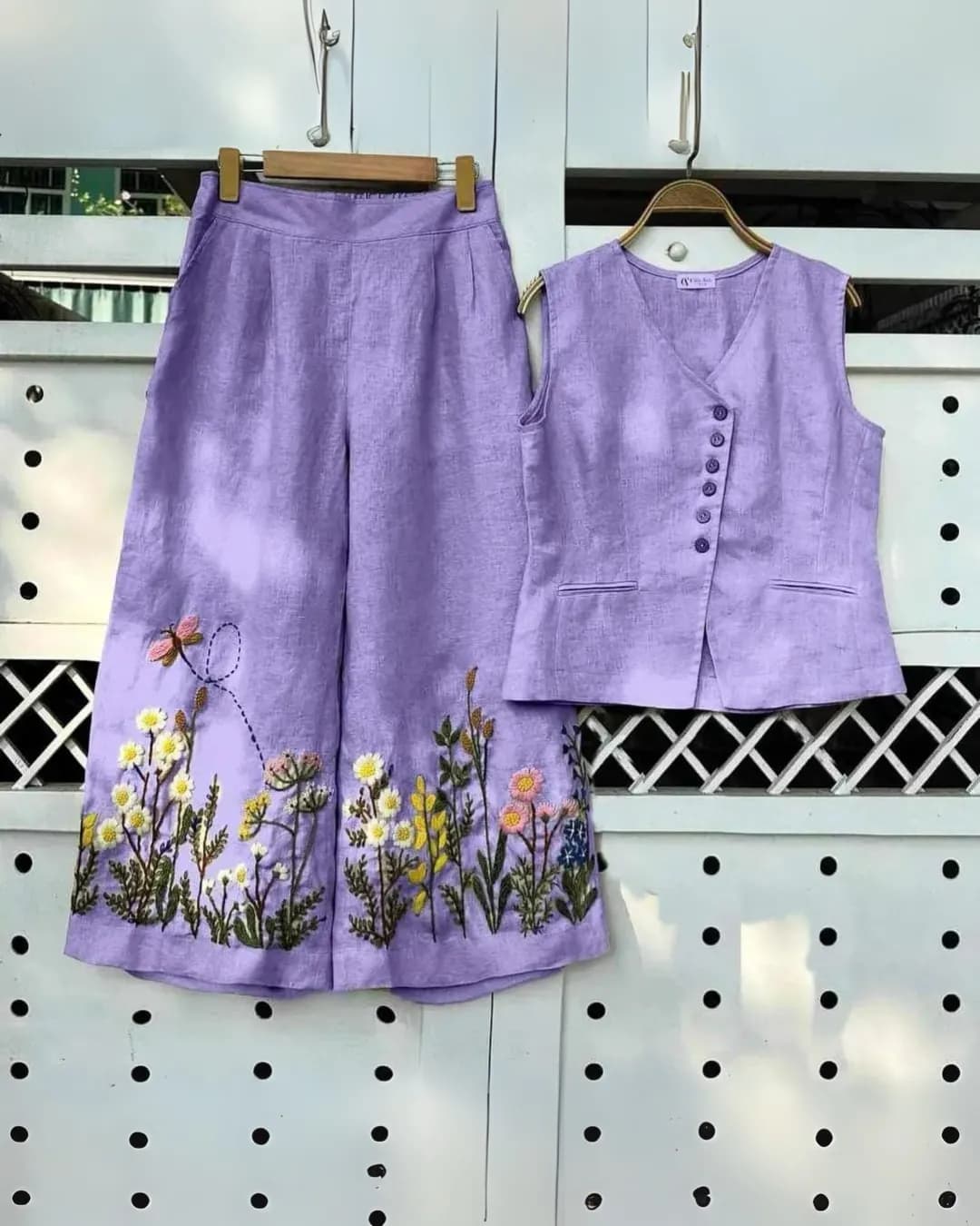 Summer Cotton Slub Embroidered Waistcoat Style Co-Ord Set