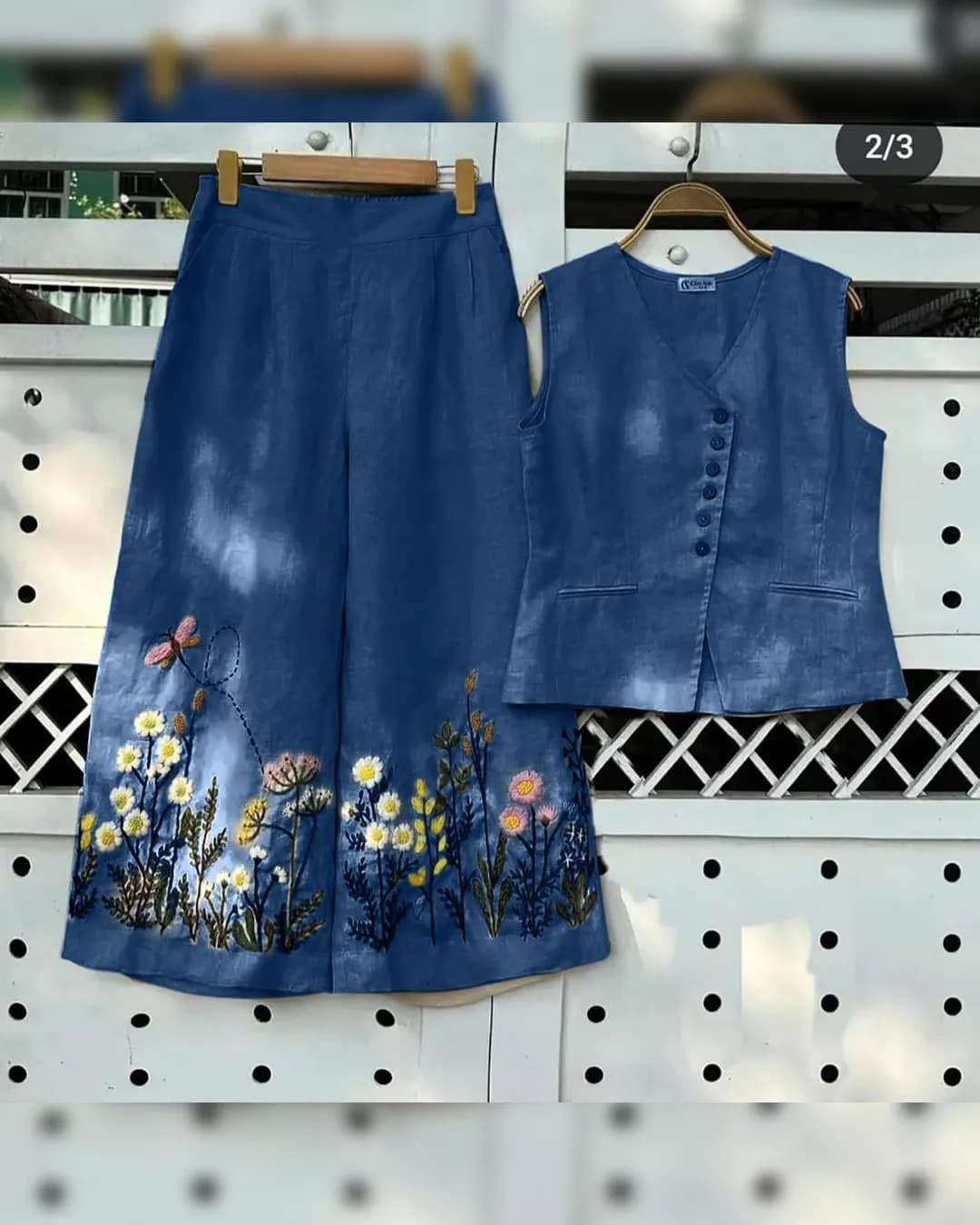 Summer Cotton Slub Embroidered Waistcoat Style Co-Ord Set alternate view