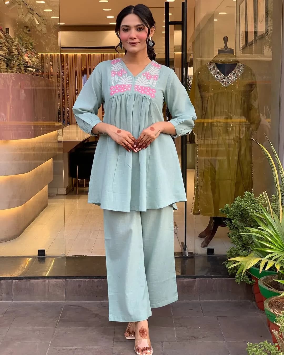 Elegant Pure Cotton Slub Cord Set with Embroidery Work