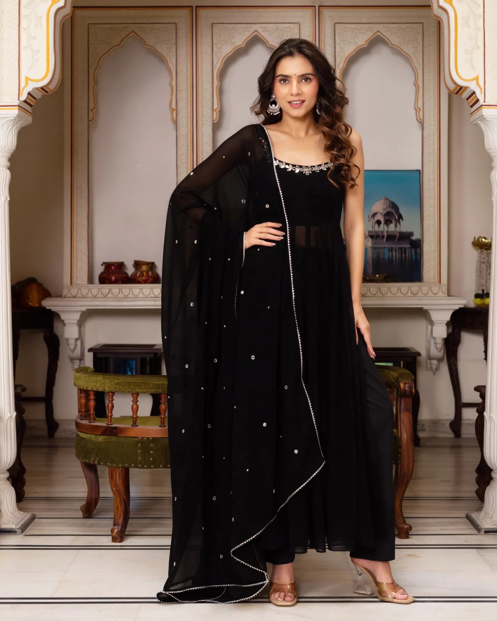 Elegant Faux Georgette Real Mirror Handwork Anarkali Set with Dupatta – Premium Festive Collection