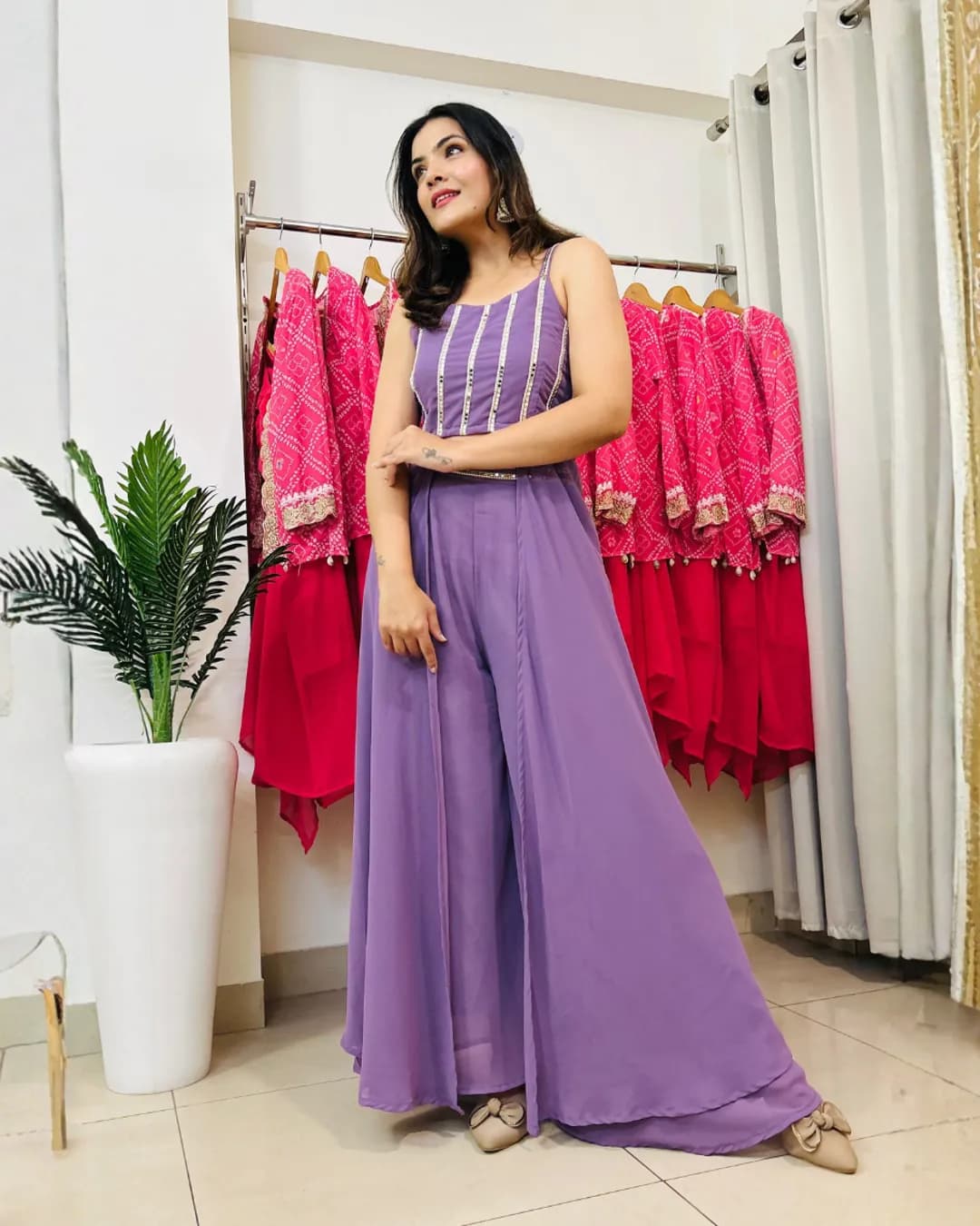 Designer Purple Faux Georgette Palazzo Cape Set – Mirror & Pearl Handwork Festive Collection 2025