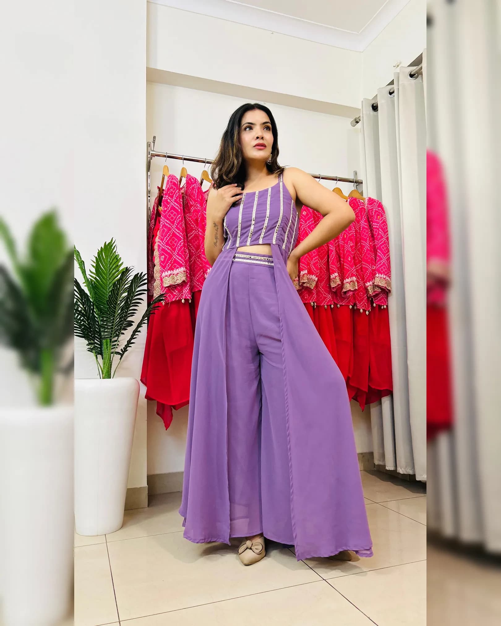 Designer Purple Faux Georgette Palazzo Cape Set – Mirror & Pearl Handwork Festive Collection 2025 alternate view