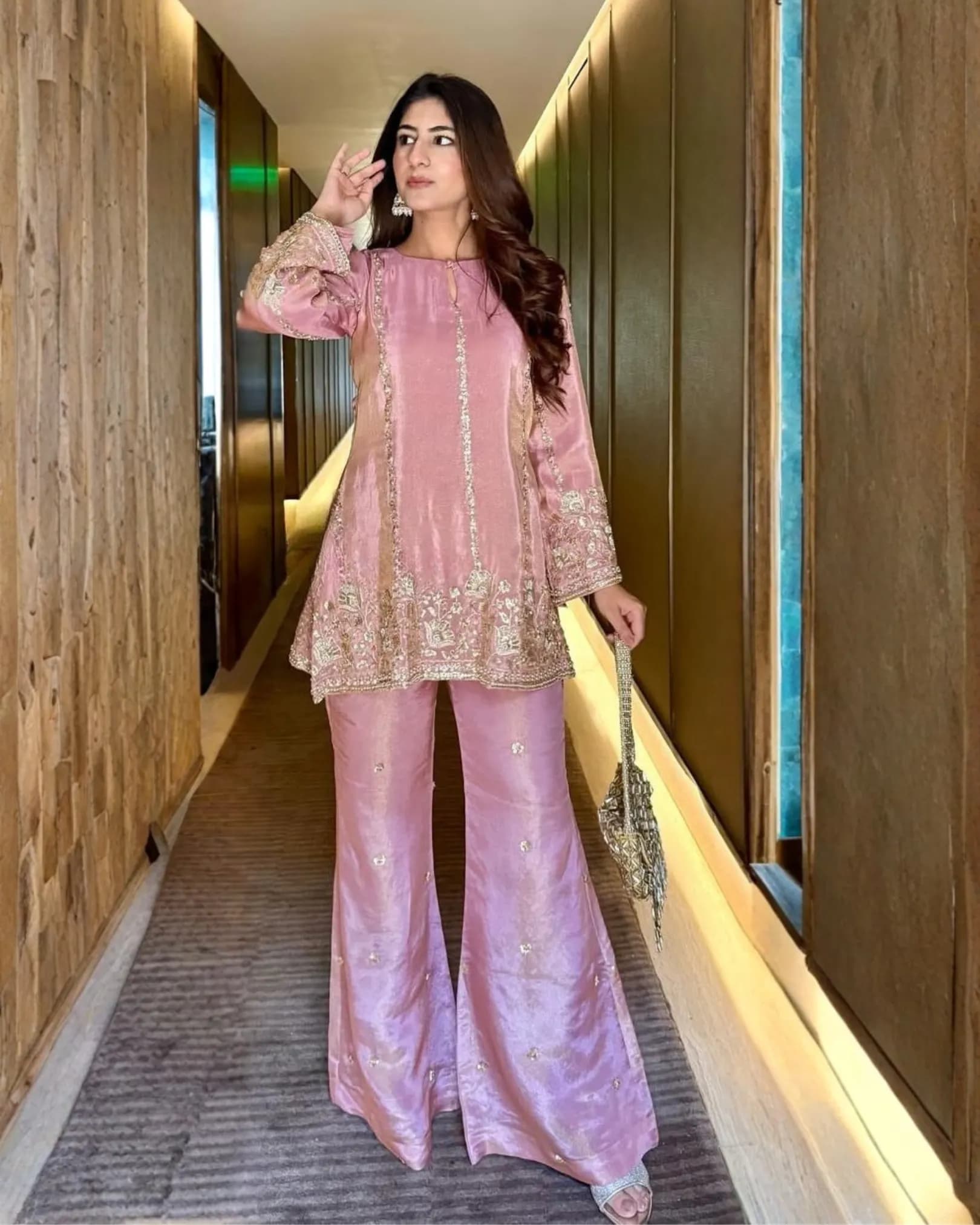 Designer Chinon Silk Sequins Embroidery Top with Palazzo