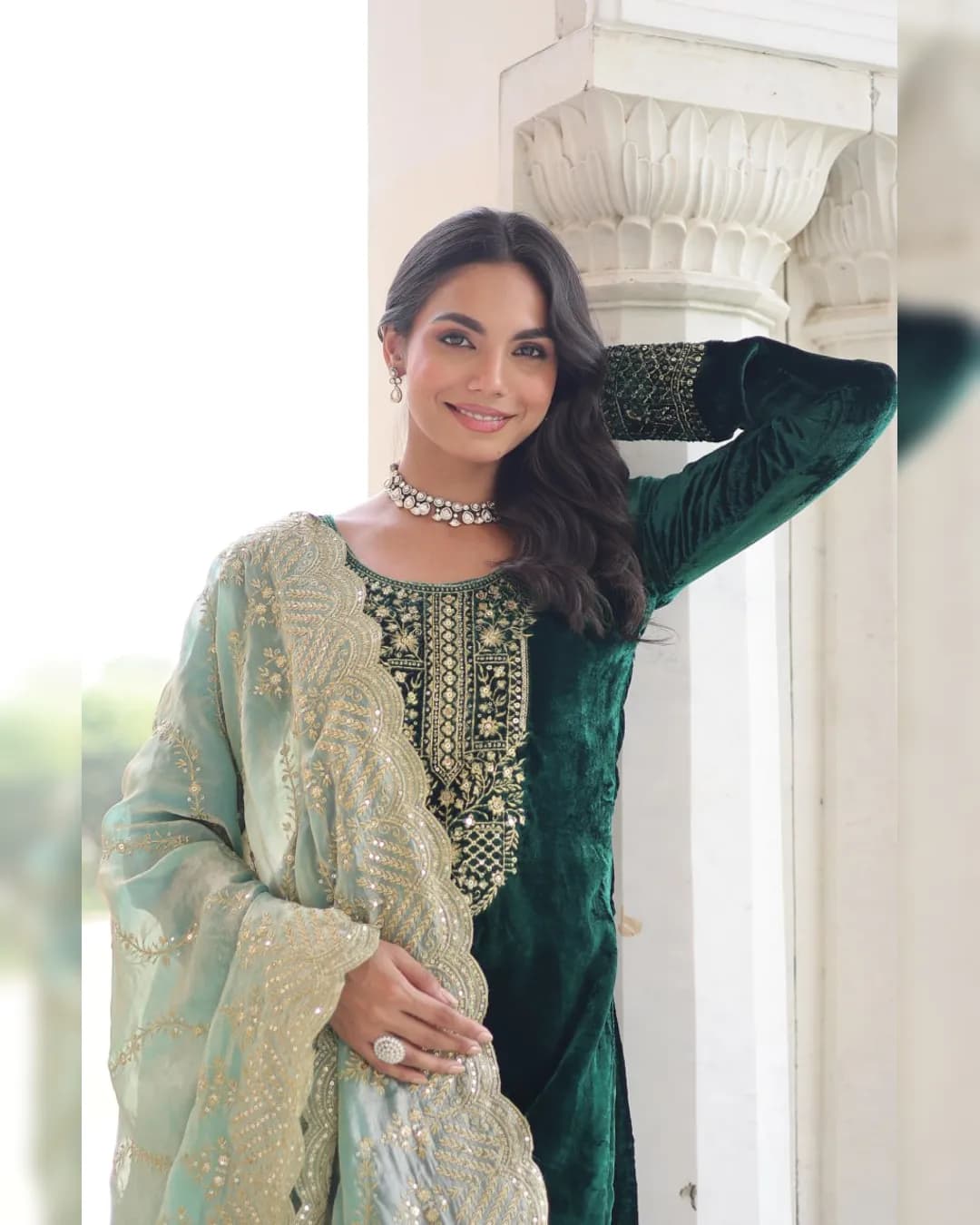 Premium Velvet Designer Top–Pant–Dupatta Set 2025 | Rich Sequins & Zari Embroidery alternate view