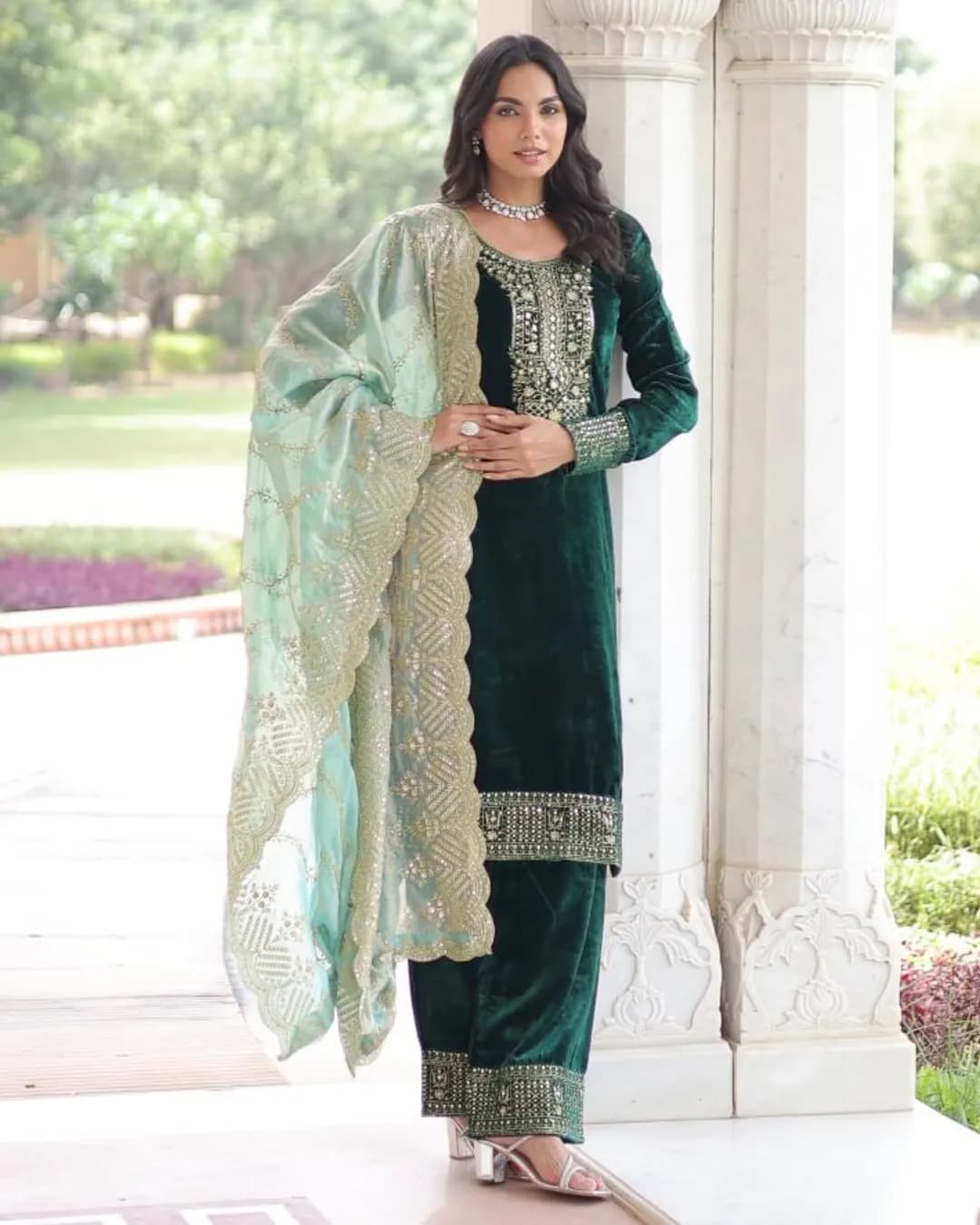 Premium Velvet Designer Top–Pant–Dupatta Set 2025 | Rich Sequins & Zari Embroidery