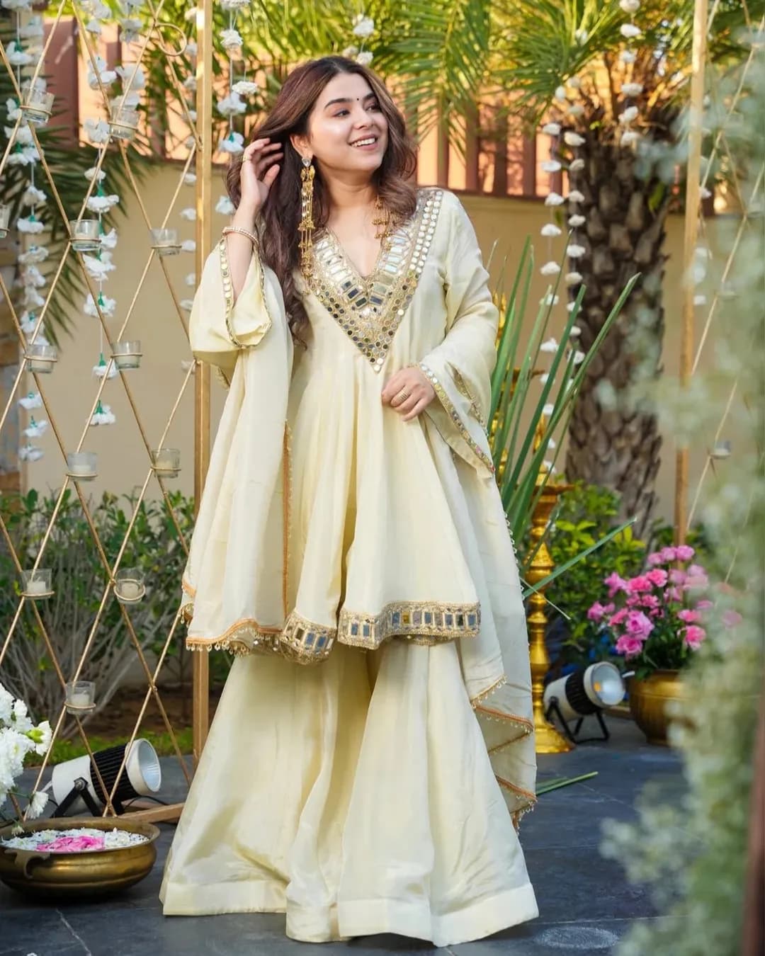 Premium Cosmos Fabric Top–Plazo–Dupatta Set | Real Mirror & Thread Work